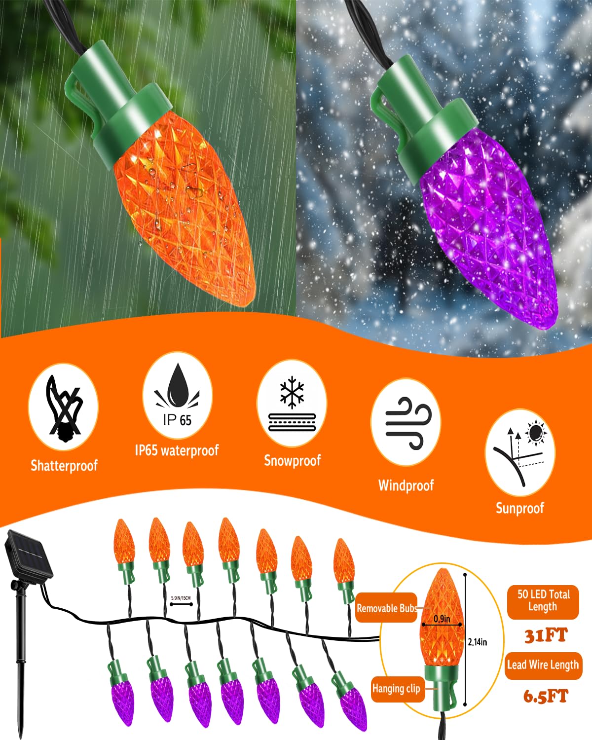 ITICdecor Solar String Lights - 50 LED, 31 Ft, Waterproof, Purple & Orange, Plastic, Model SL-Strawberry-50L-Halloween