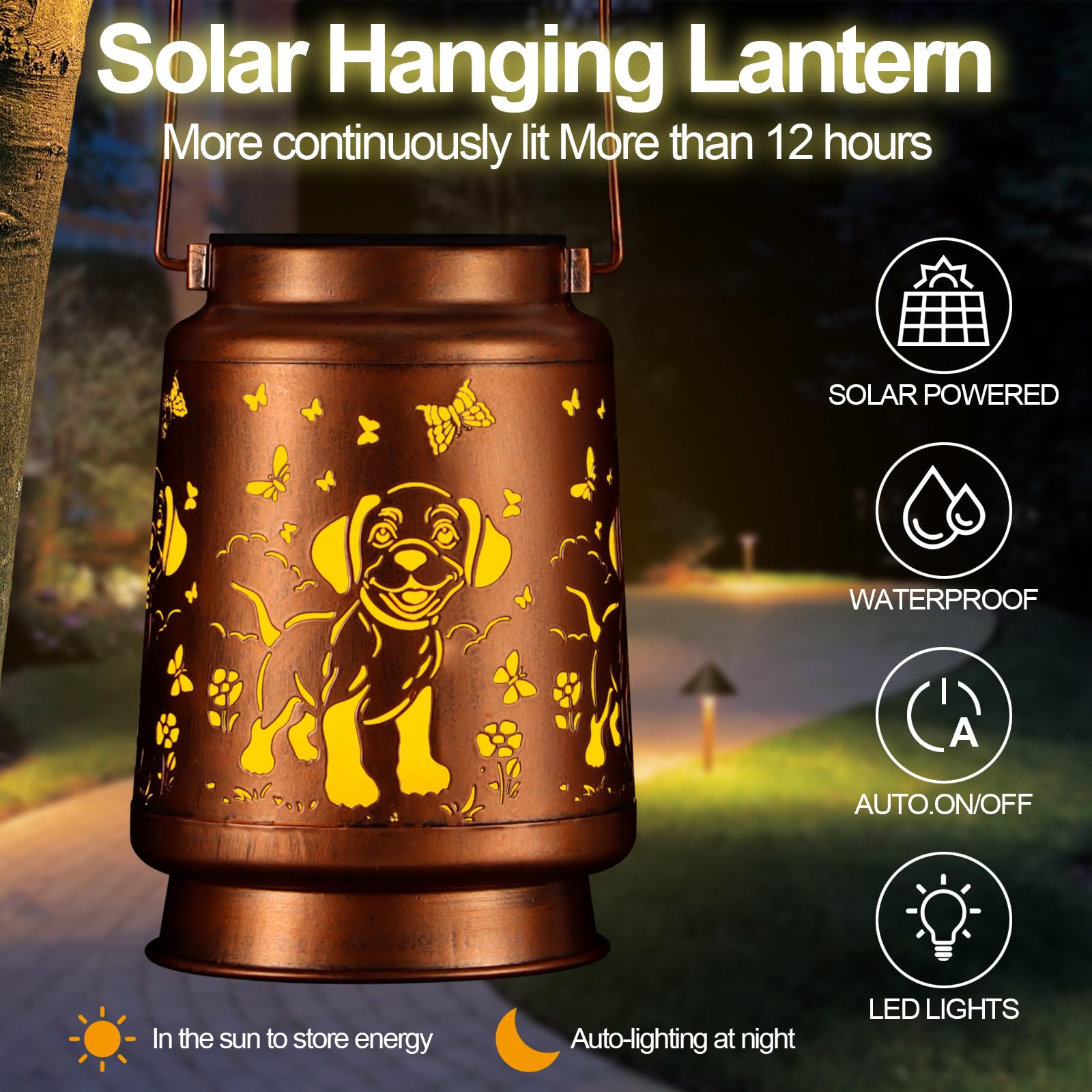 Solar Lantern Outdoor Hanging Waterproof Outside Metal Openwork Hummingbird Pattern Birthday Gifts For Women Mom Landscape Lights For Porch Garden Yard Patio Pathway Decor(Dogs And Butterflies)