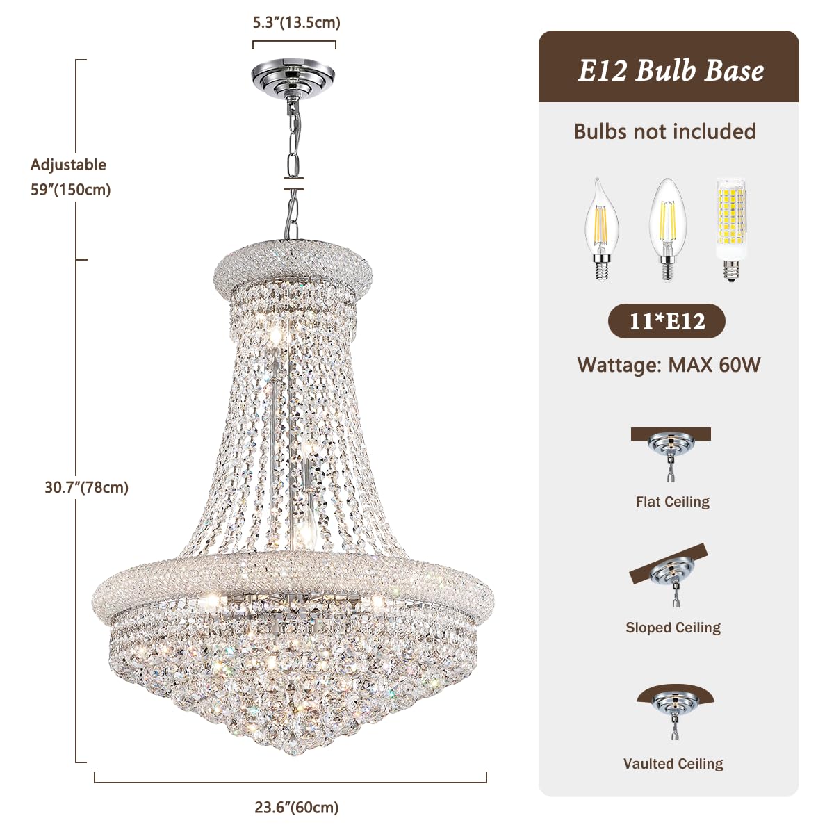 Dunfizz Modern Crystal Chandeliers Foryer Chandelier For High Ceilings, 11-Lights Silver Empire Crystal Chandeliers For Living D