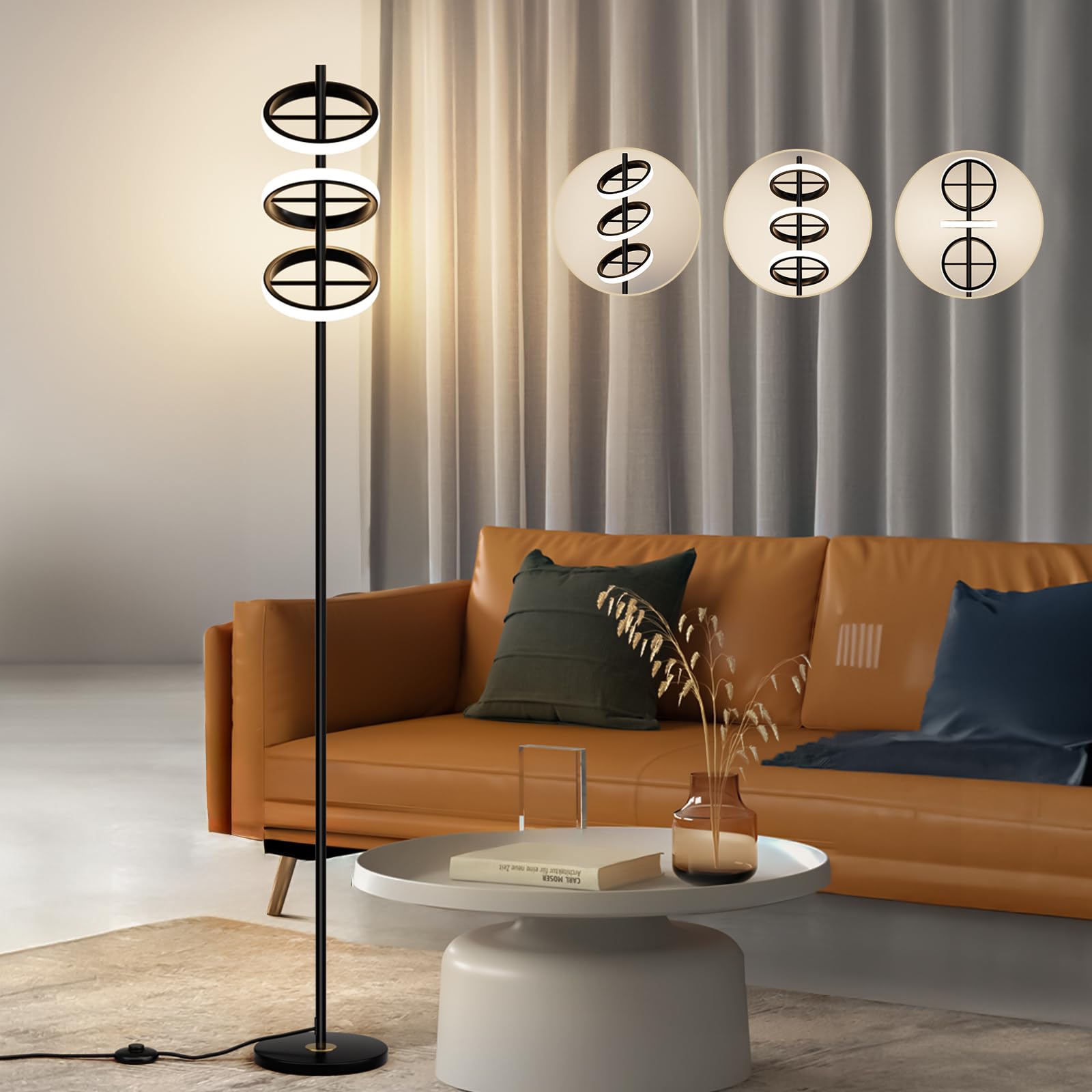 FIGDIFOR Modern LED Floor Lamp - Adjustable 3 Saturn Rings-Contemporary Tall Standing Lamp for Living Room & Office Bedroom Read