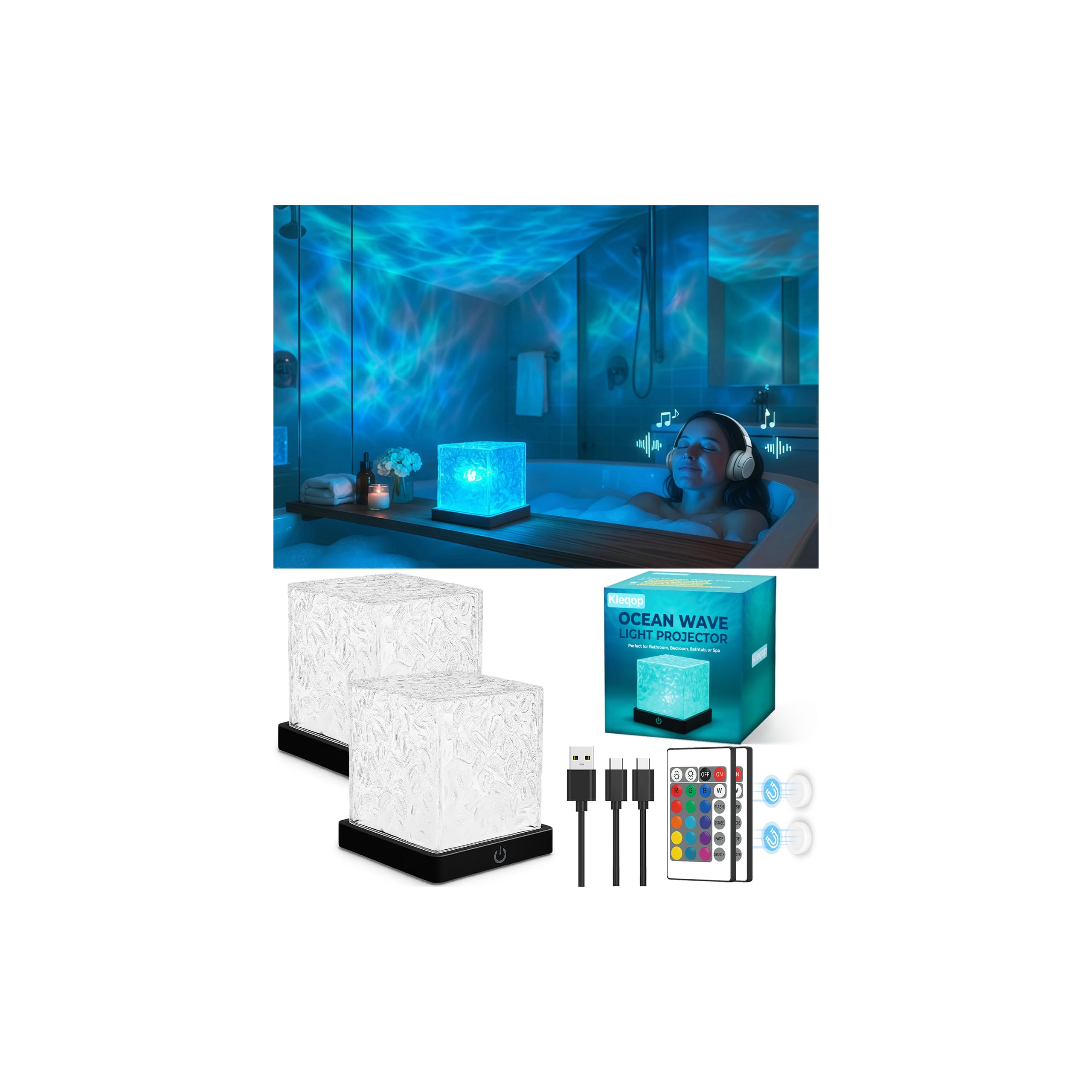 2-Pack Black Rechargeable Shower Lights  16 Color Ocean Wave Projector Light Battery Powered  Shower Mood Lights Waterproof  Relaxing Bathtub Mood lighting  Water Ripple Lamp for Bath  Living Room