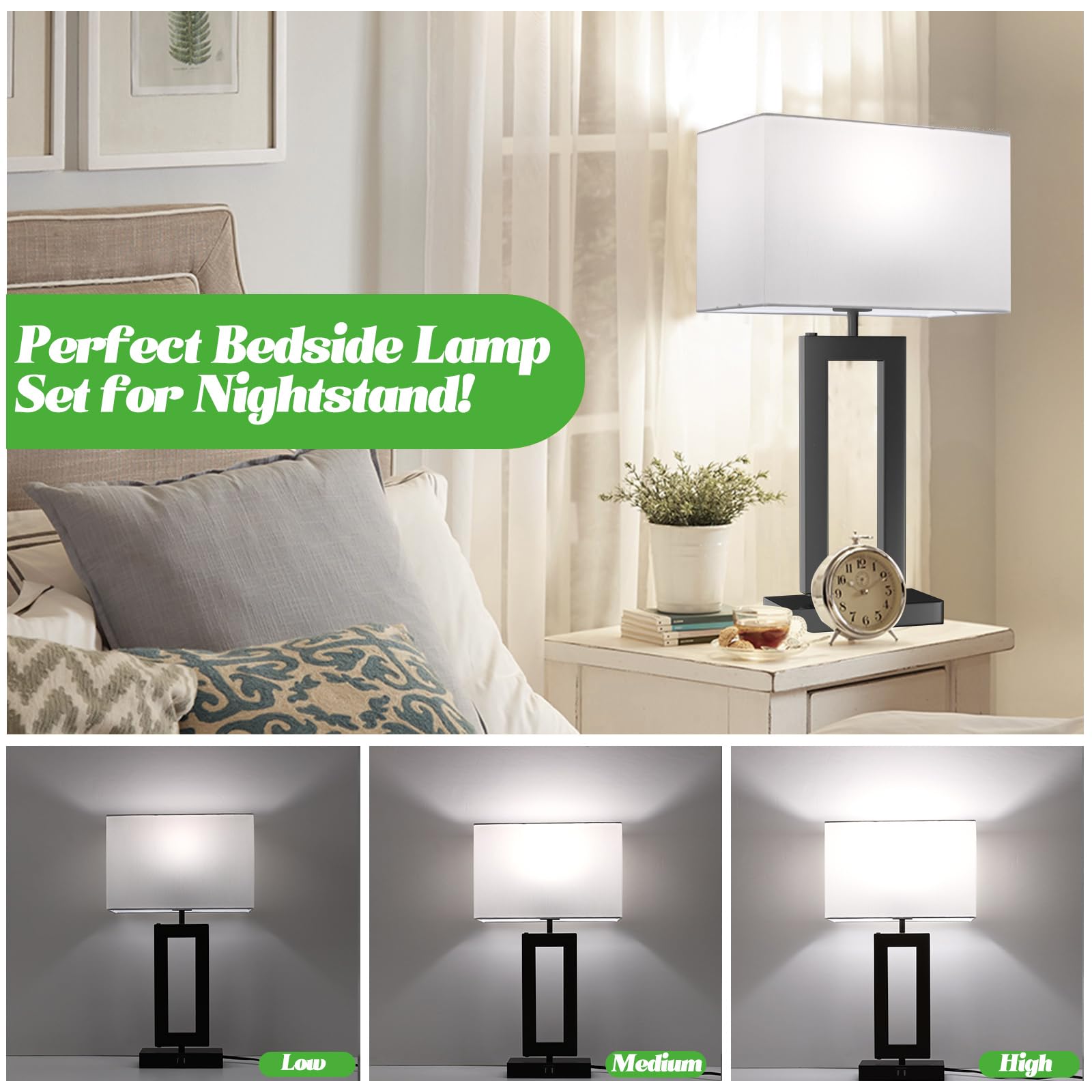 Momyofdy White& Black Table Lamp Set Of 2 Touch Control Lamps 3-Way Dimmable Bedroom Bedside Nightstand Lamps W/Usb Ports Modern