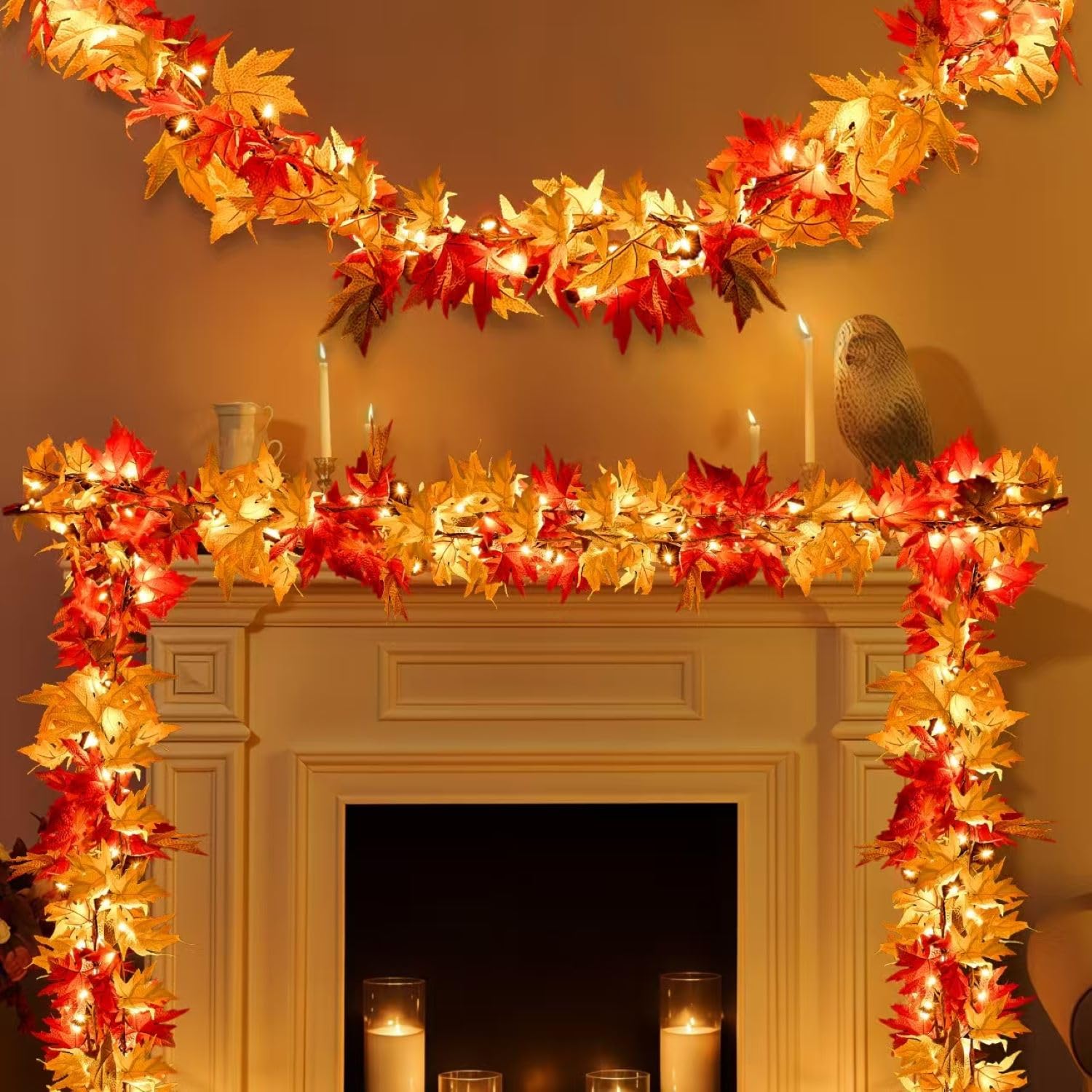 9FT Fall Decorations for Home Large Leaves Fall Garland with Lights Plug in 50 Bulbs Connectable Thanksgiving Garland String Lights for Outdoor Indoor Harvest Fireplace Fall Decor(1 Pack)