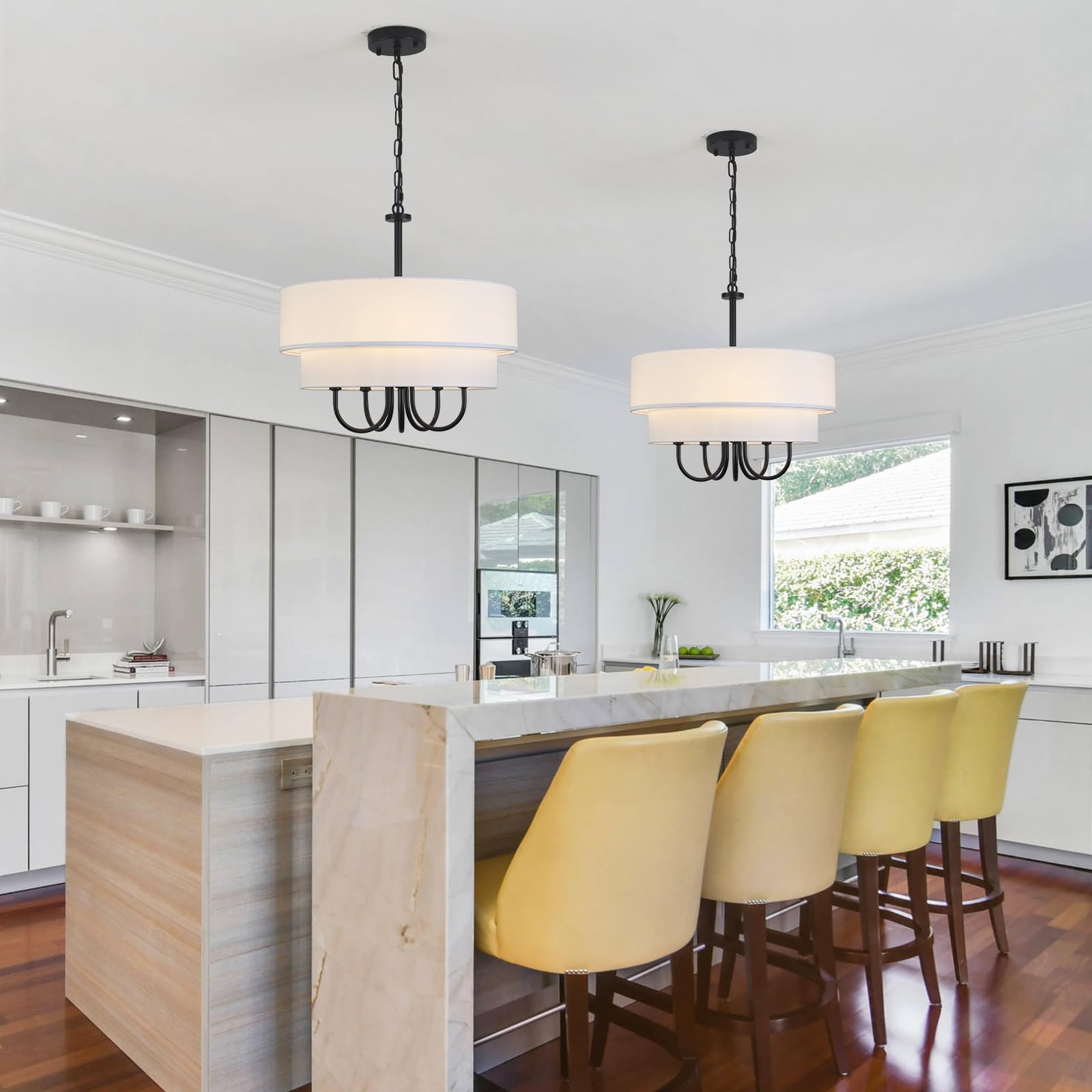 Drum Chandelier With Shades 5 Light 2-Layer Fabric 18    Modern Black Chandelier Farmhouse Chandeliers For Dining Room Round Lar