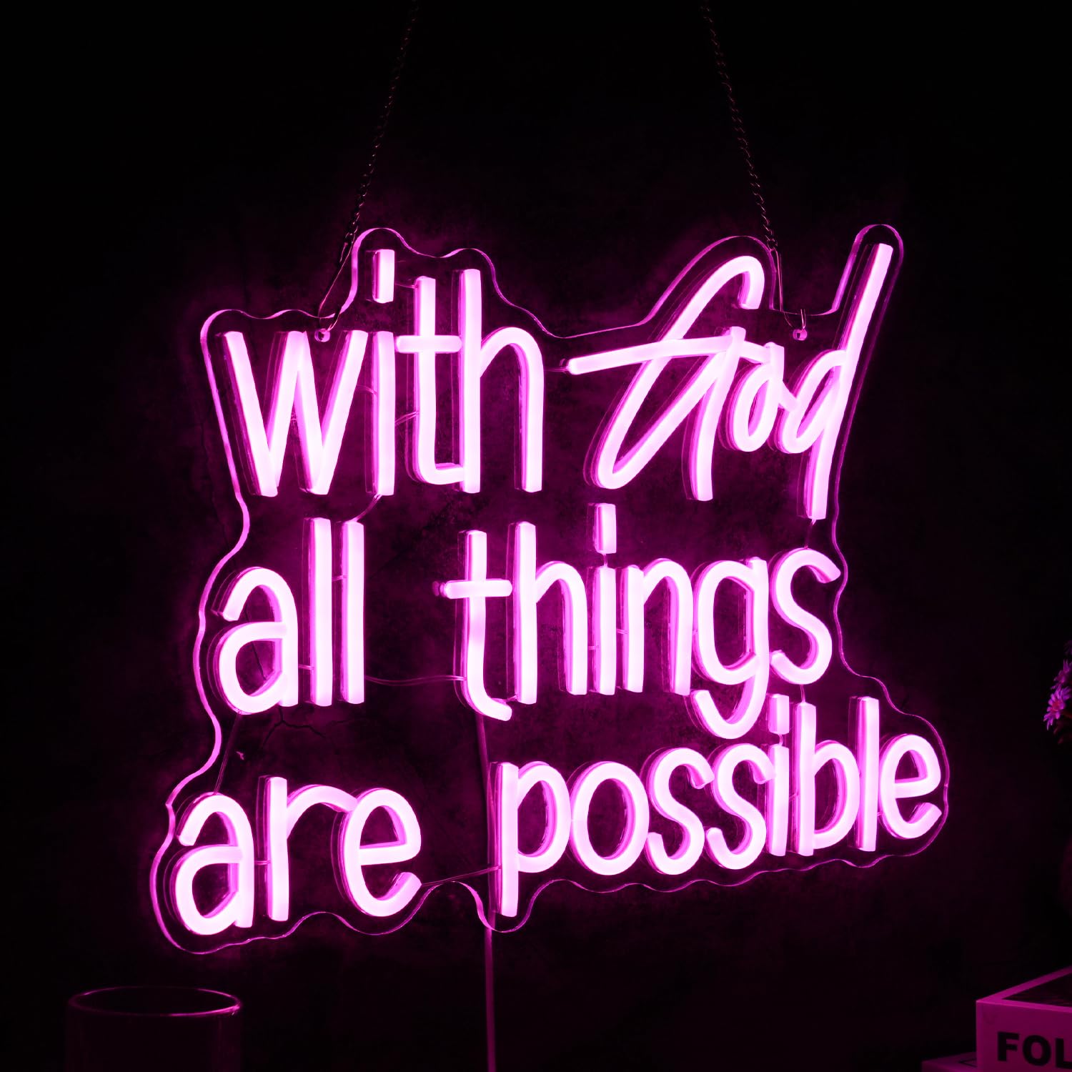 GNVETZLL Neon Sign - With God All Things Are Possible, Pink Acrylic LED Light, Dimmable, 16.9 x 13 Inch for Wall Decor
