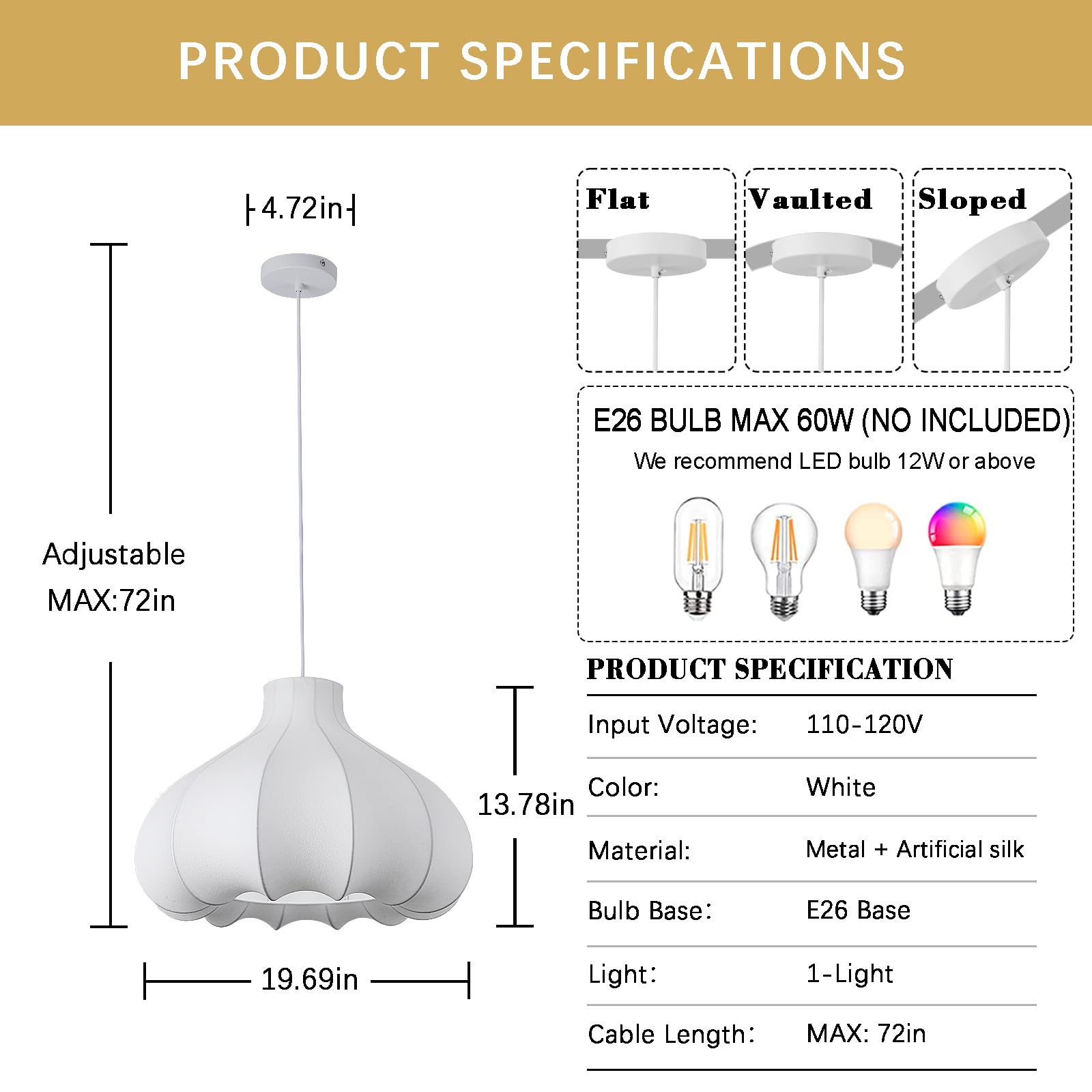 Fivemengo 20In Lantern Pendant Light, Flower Bud Imitation Silk Lampshade, White Bubble Pendant Light, Large Hanging Lamp Chande