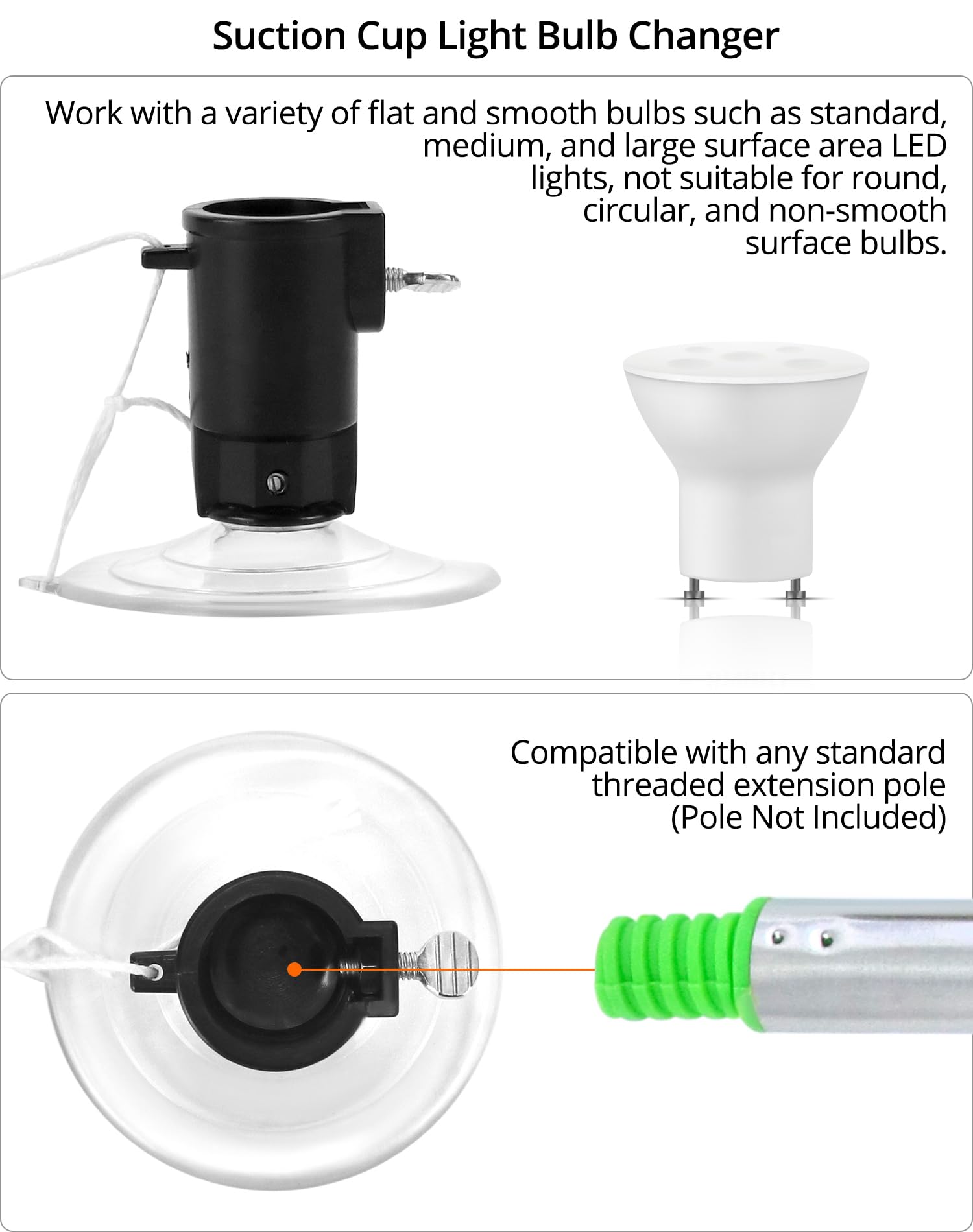 Qwork Professional Light Bulb Changer Kit - 3 Piece Set - Extension Pole Compatible, For High Ceiling Incandescent Bulbs With St