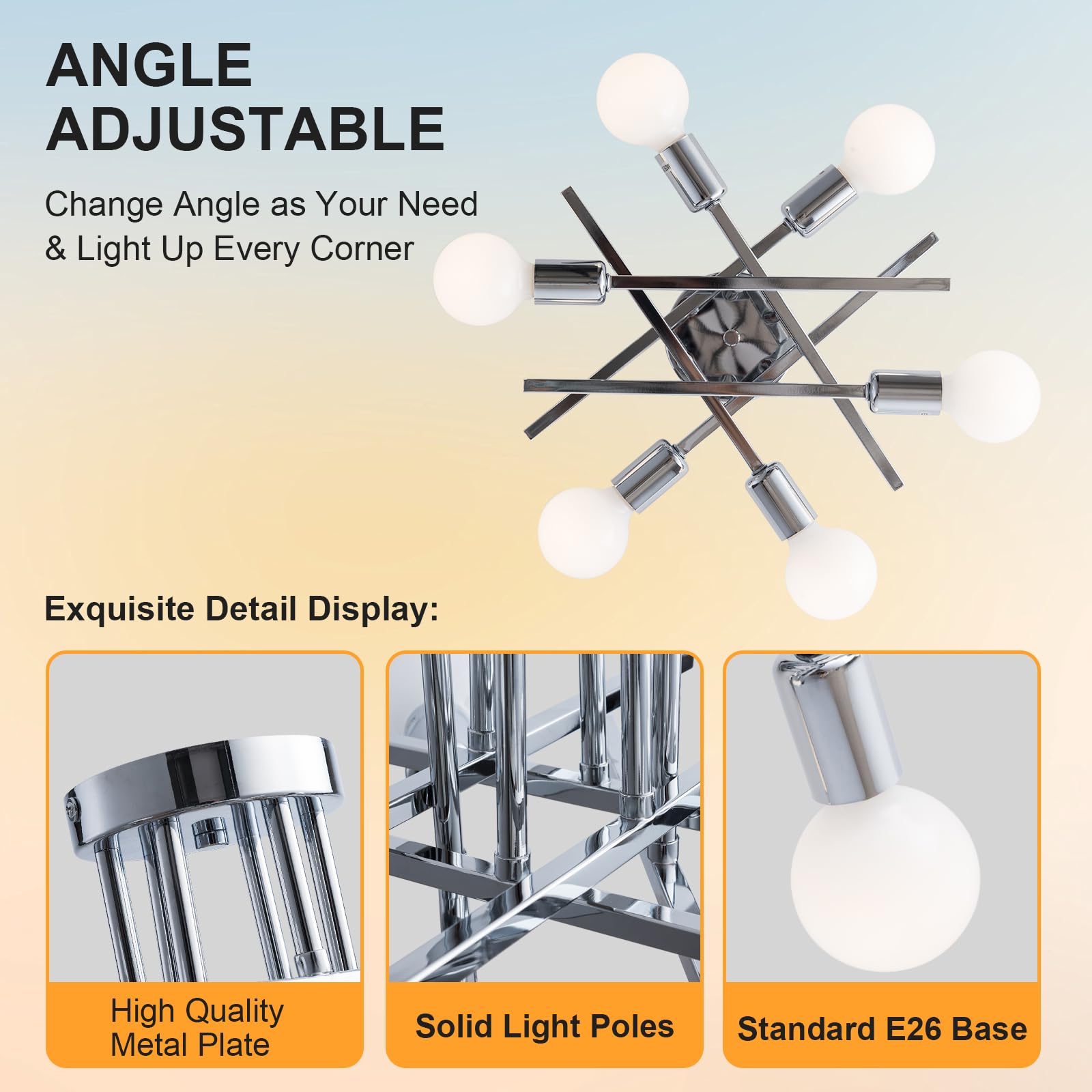 Xingsiyuelyx 6-Light Chrome Sputnik Ceiling Light Fixture,Semi Flush Mount Ceiling Light,Modern Close To Ceiling Light,Chandelier Light Fixture Ceiling For Living Room Dining Room Foyer,E26 Socket