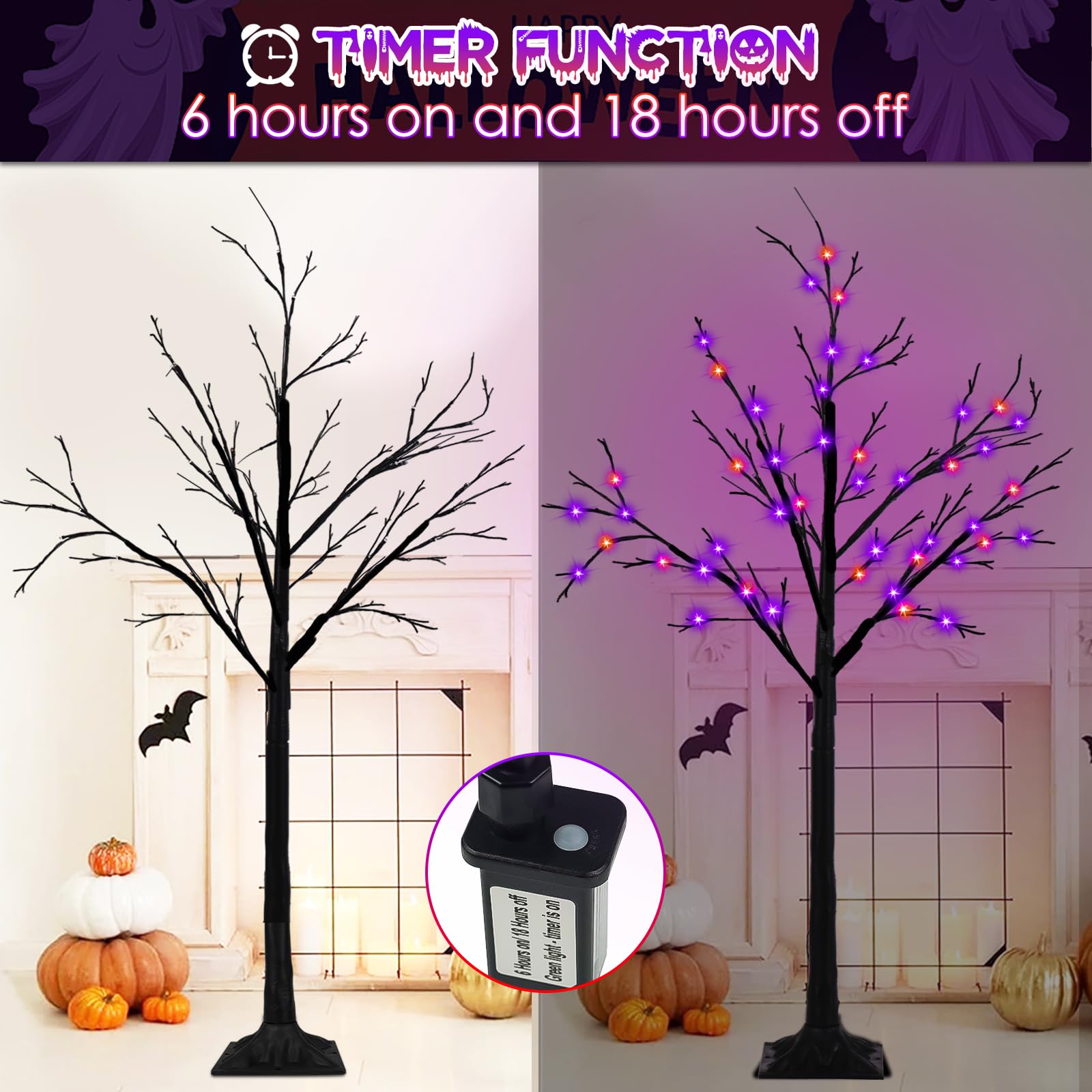 2-Pack 4FT Lighted Black Halloween Tree with 96 LED Orange & Purple Lights (Higher Size & Floor Standing), Halloween Decorations