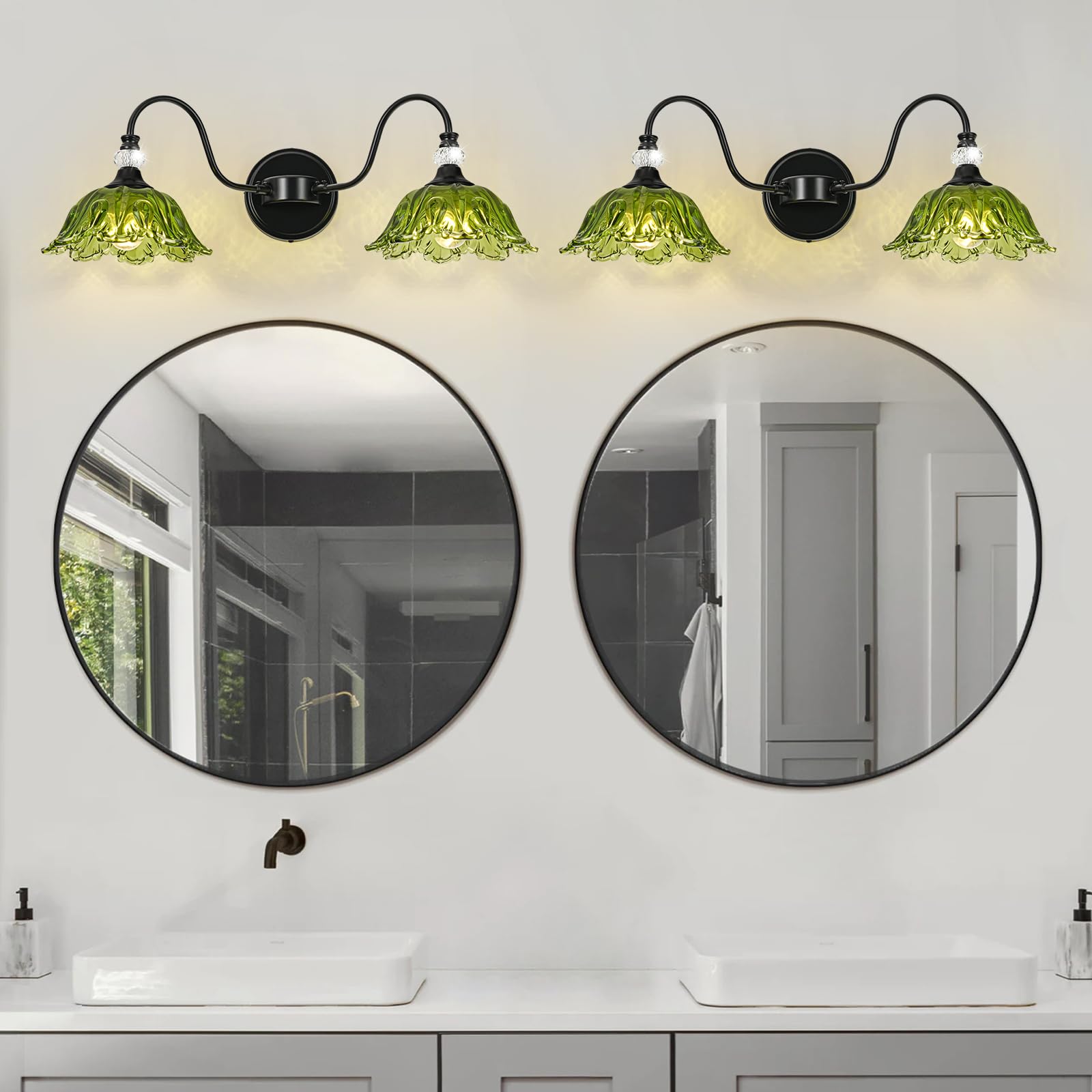 Sunkryster Black Bathroom Vanity Light  2-Light Vanity Light With Floral Green Glass Shades Vintage Farmhouse Wall Mount Lighting For Bathroom  Dressing Table