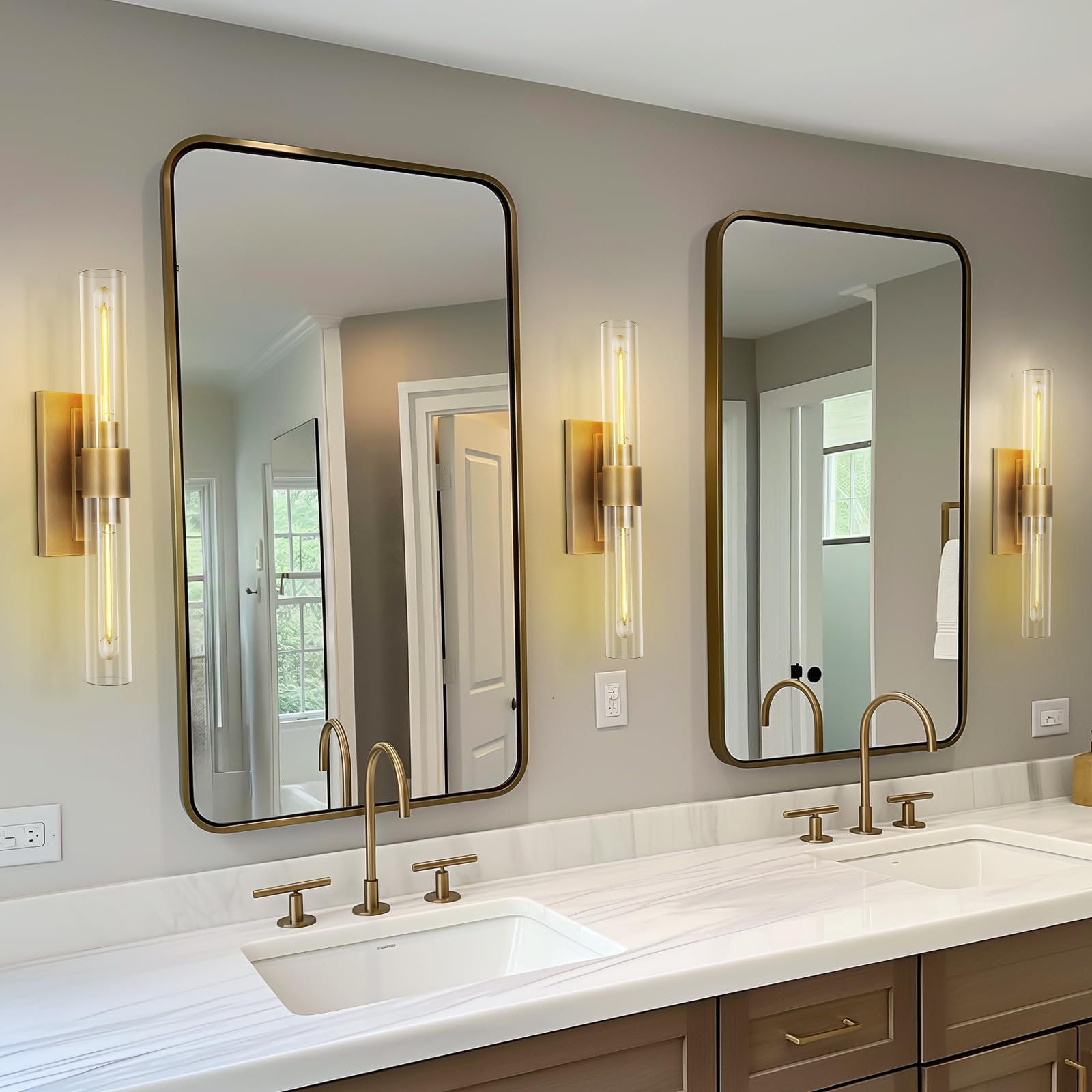 Brass Wall Sconces, 22.8" Bathroom Wall Sconce, Antique Brass Wall Sconces Set Of 2, 2-Light Dimmable Wall Sconce, Sconces Wall Lighting With Glass, Bathroom Vanity Light, Tube Sconce For Living Room