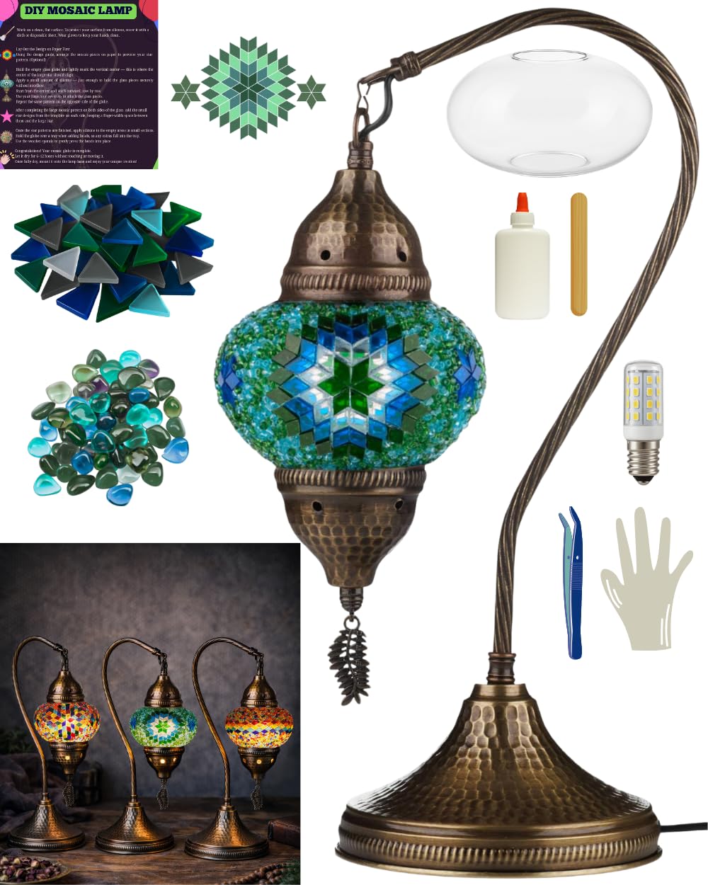 DEMMEX DIY Turkish Mosaic Lamp Making Kit - No Grout/Plaster Needed - Complete Mosaic Art & Craft Project Kit for Adults & Teens