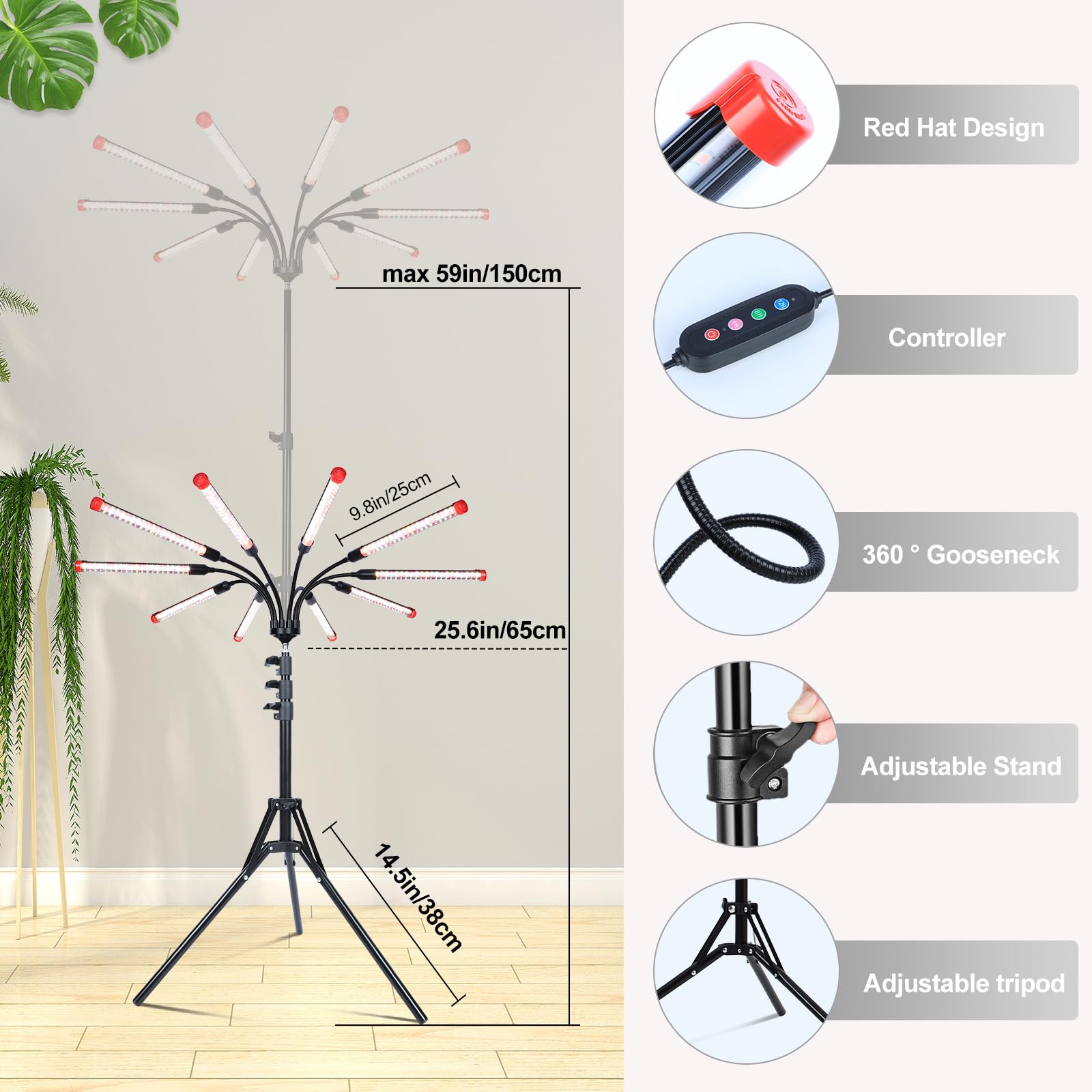 FECiDA 90W LED Grow Light for Indoor Plants, 10-Head, Full Spectrum, Black, Model ZH_GL_RH
