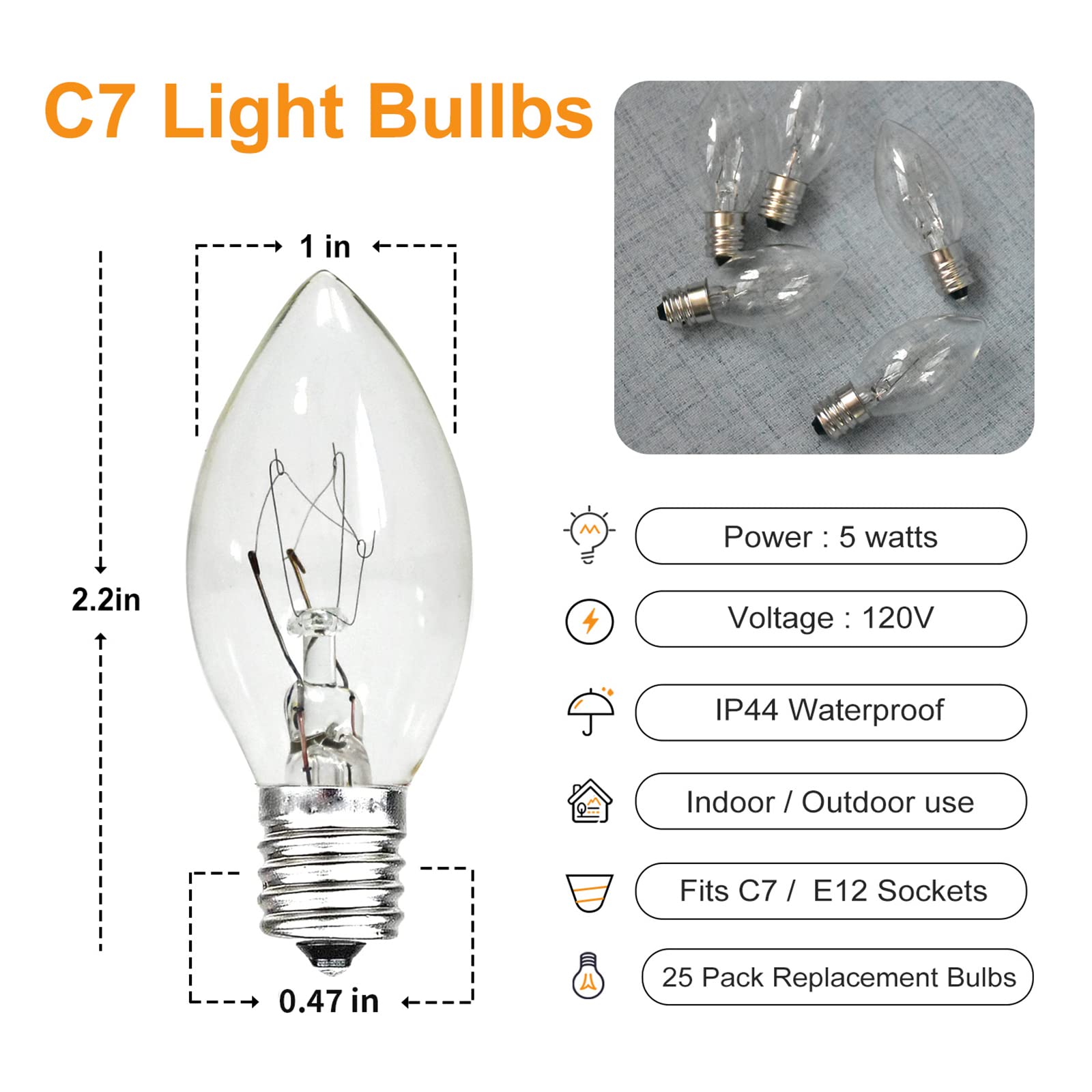 Chysuper 25 Pack C7 Clear Replacement Bulbs, 120V 5W Incandescent, C7 Christmas Lights, E12 Candelabra Base C7 Halloween Bulbs Warm White For Patio Outdoor String Lights Decor, Night Light