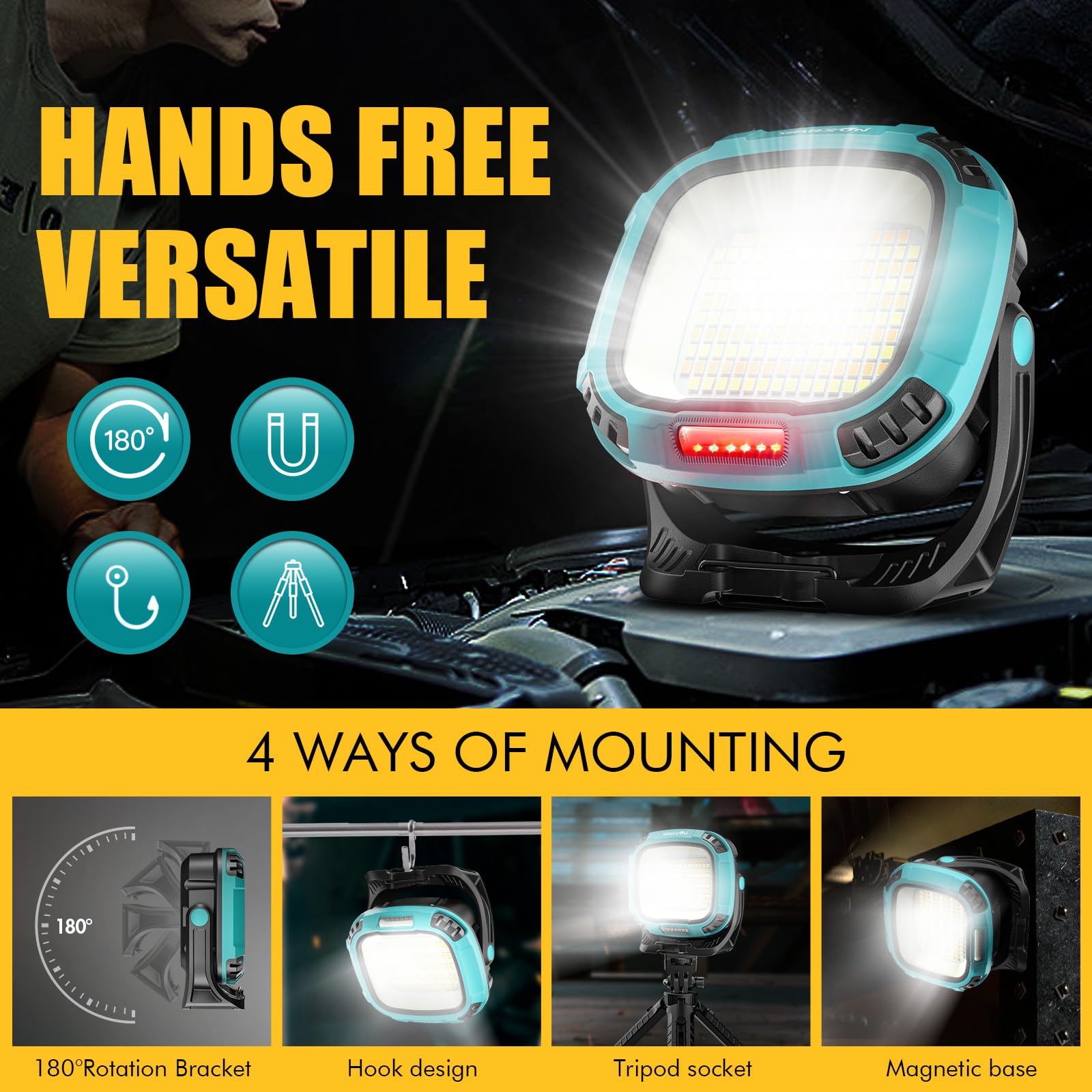 WARSUN Rechargeable Work Light,10000mAh 2000LM Magnetic COB LED Work Light, 4 Color Temperature, SOS Mode Camping, Mechanics, Ca