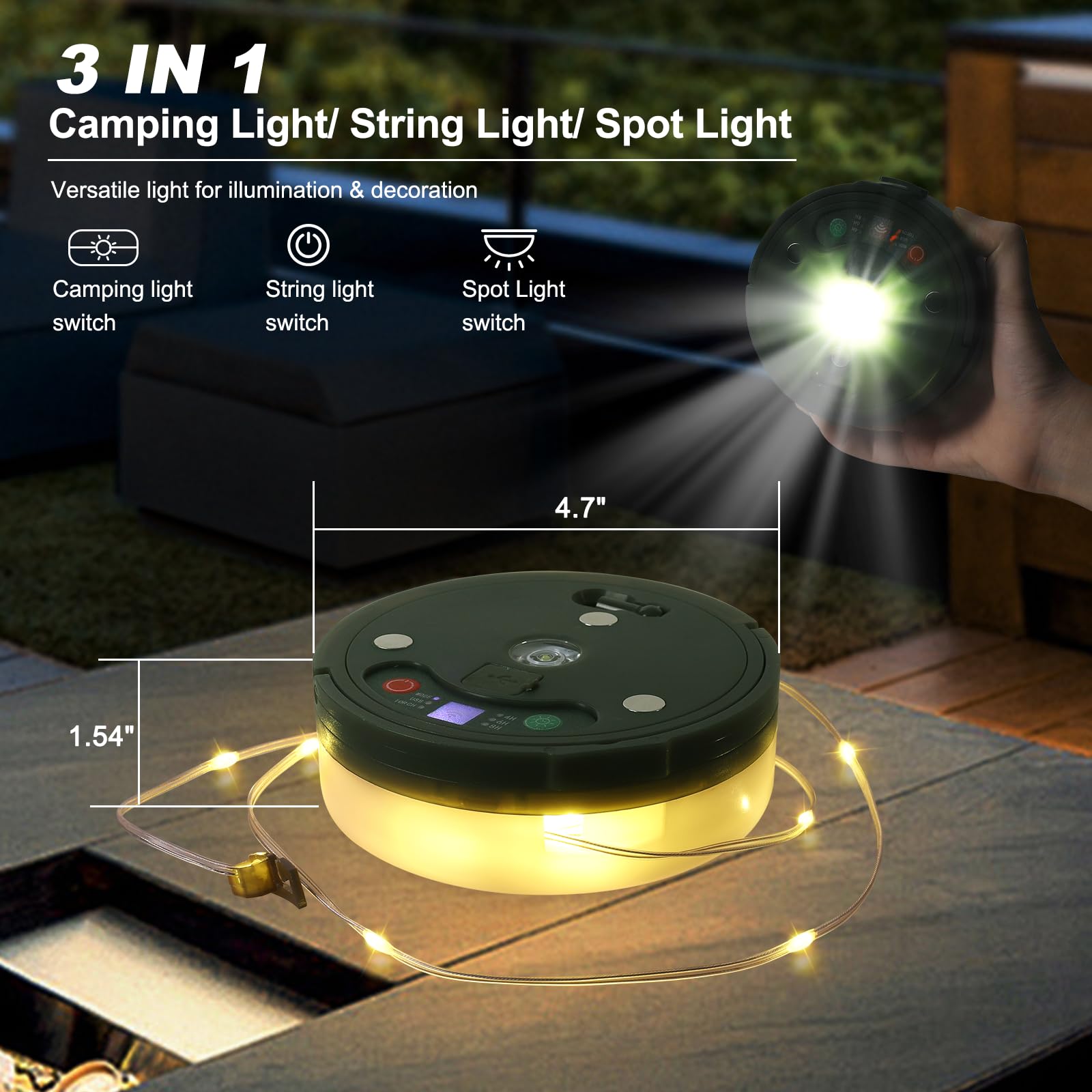 SMY Lighting 3 in 1 Camping String Light, Rechargeable 32.8Ft, Warm White, USB, Army Green, Model SMY-CPL-01