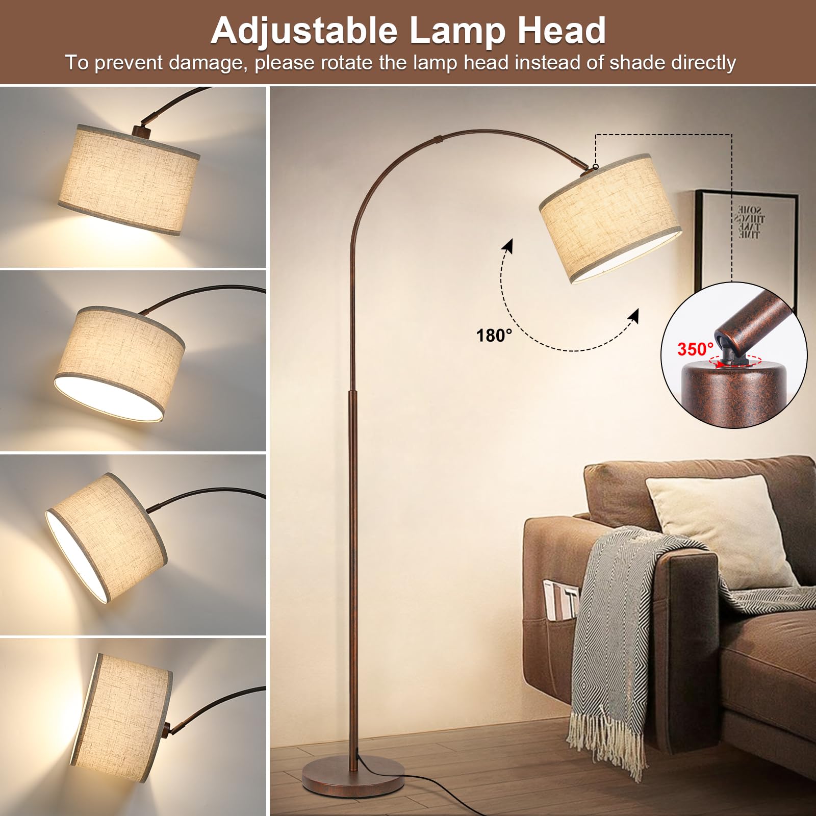 Floor Lamp For Living Room, Vintage Arc Floor Lamp With Adjustable Lamp Head, Tall Pole Lamp With On/Off Pedal Switch, Over Couc