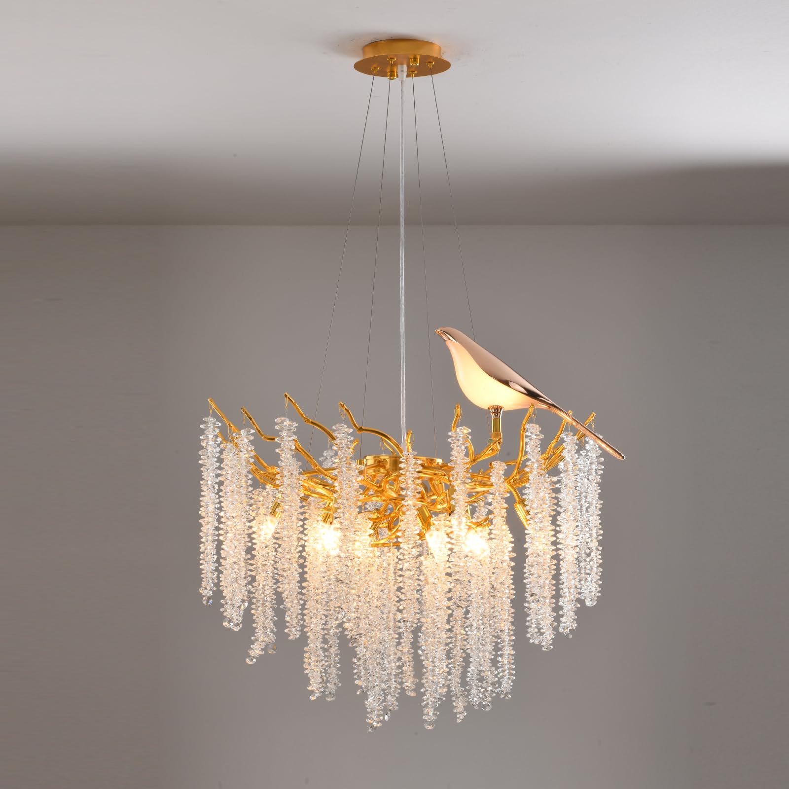 Modern Crystal Chandelier  Tree Branch Design  24-Inch 10-Lights Gold Round Raindrop Hanging Pendant Light for Dining Living Room Entryway Foyer Stairway Bedroom Hallway