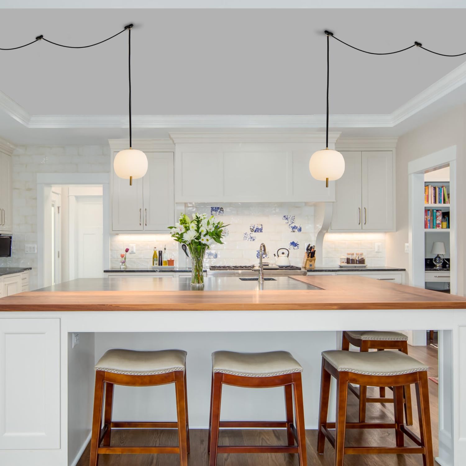 Jc Topa Mid Century Modern Pendant Light Fixture, Milk Glass 7    Globe Hanging Light With Dimmable Switch And Plug In For Kitch