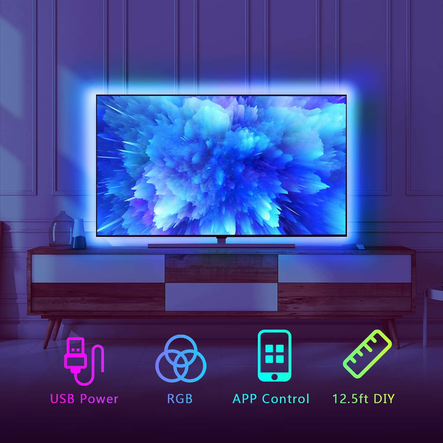 Dalattin LED Strip Lights for TV 55-65 Inch, 12.5FT, Multicolor, Model AB5050L38212US, Remote & Bluetooth Control, Music Sync
