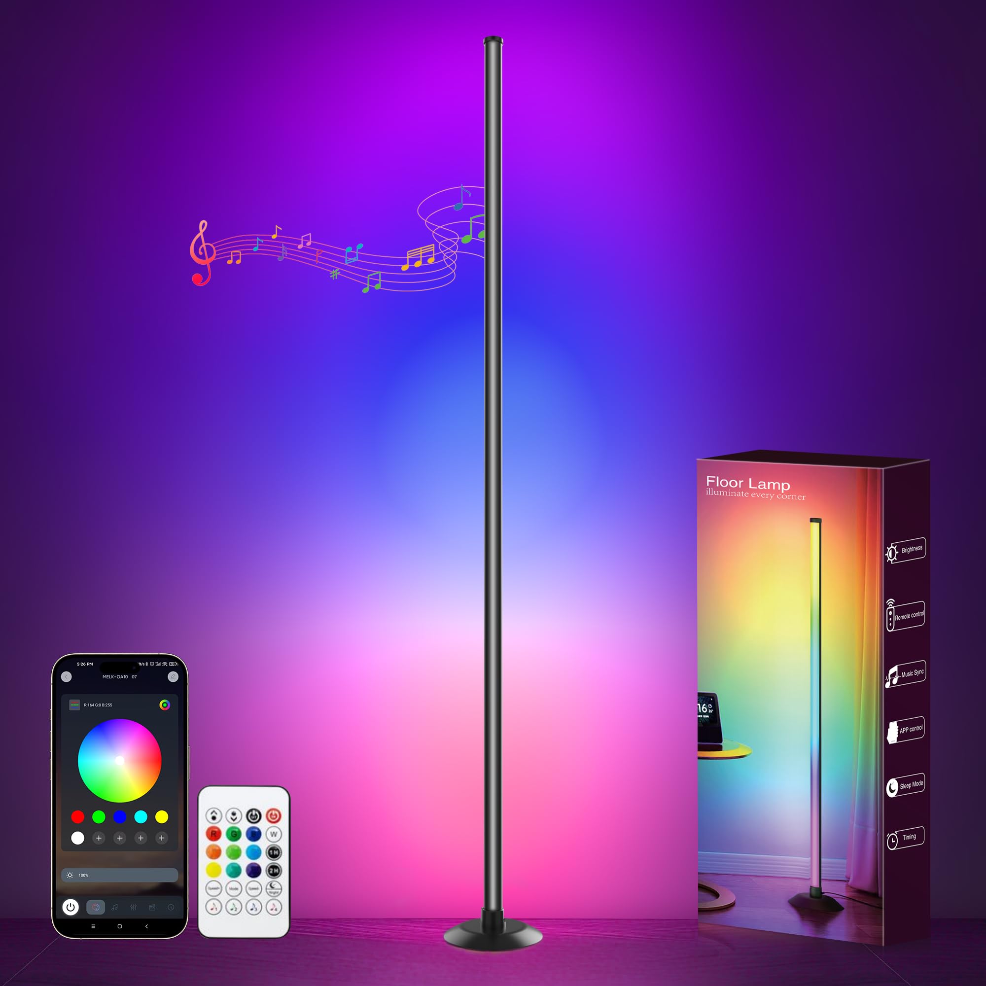 NBBUFF Led Corner Floor Lamp USB Powered with App & Remote Control, Color Changing Led Lamp Music Sync IC+RGBW, Timer, 64+ Music