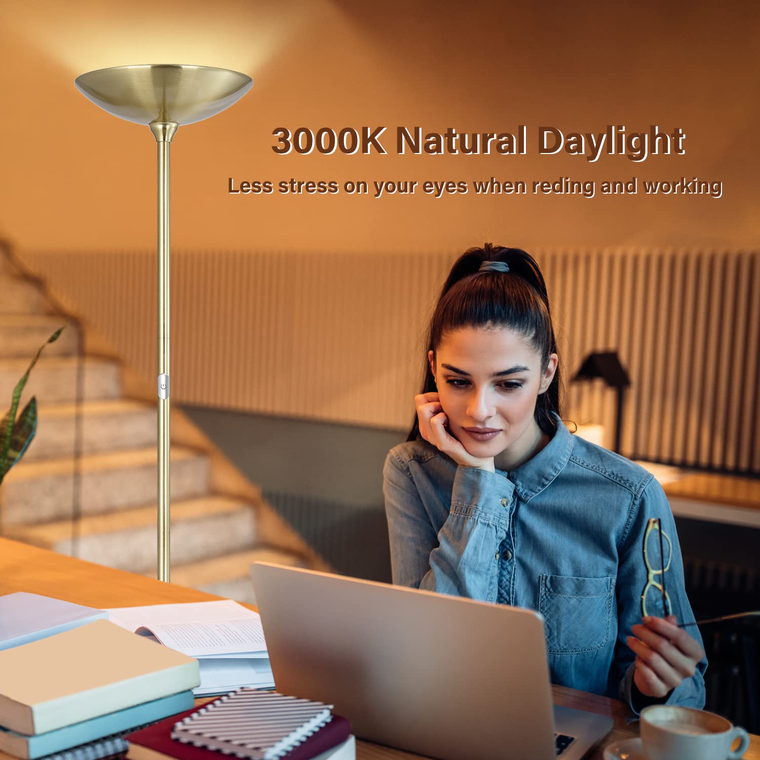 Boostarea Floor Lamp,Torchiere Standing Lamp,20W 2000Lm Led Tall Floor Lamp,Stepless Dimmable,Touch Control,50000Hrs Lifespan,Pa