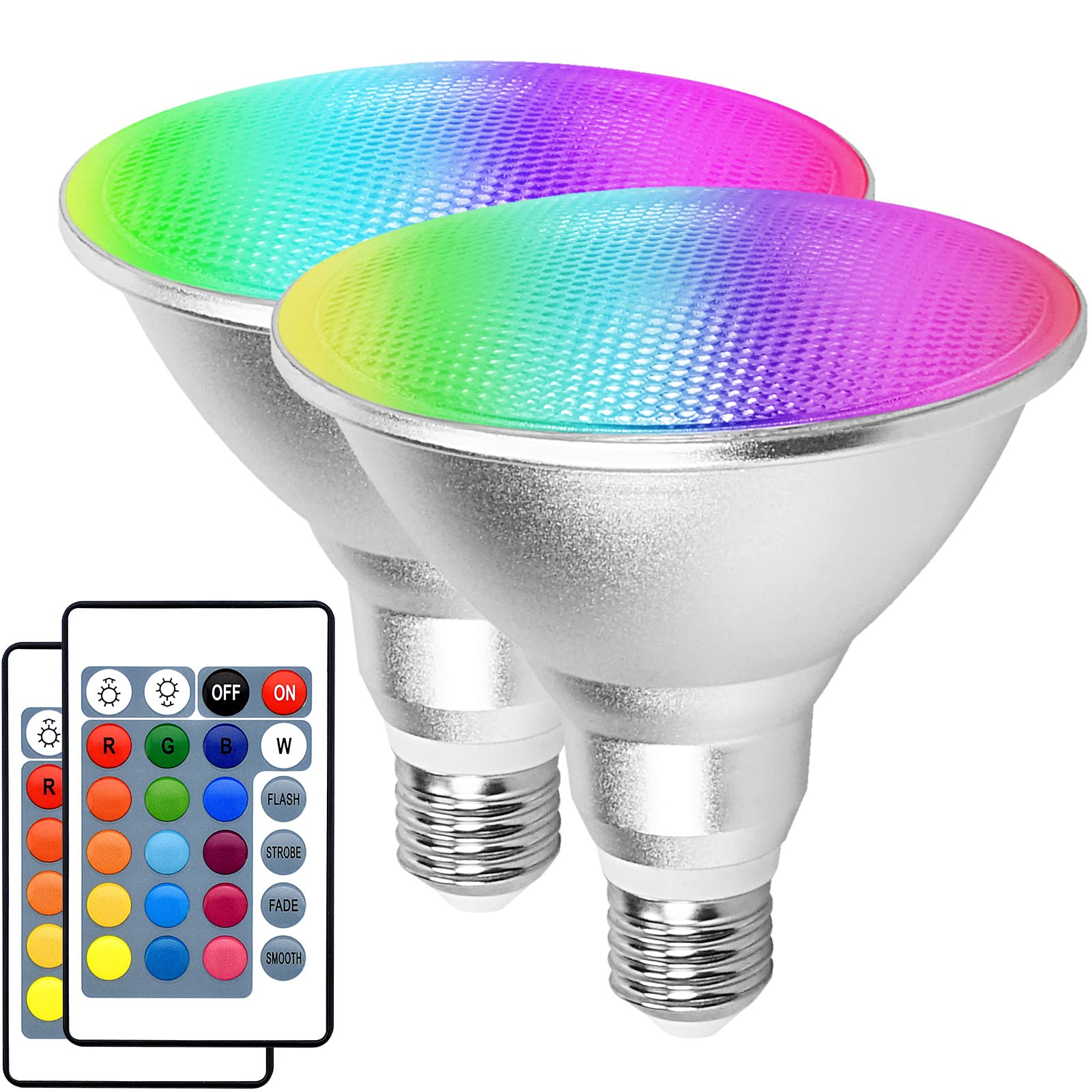 Multicolor LED Par38 Flood Light Bulb Outdoor Waterproof, 1800LM, 30W=90W, RGB + Warm White 3000K, 2 Pack Color Changing Floodli