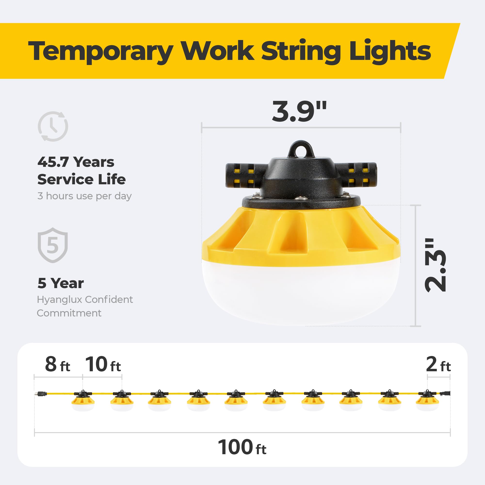 Hyanglux 100Ft Construction String Lights: 3 Prong 100W 11000Lm Etl Certified Bright Industrial Outdoor Temporary Lighting Led H