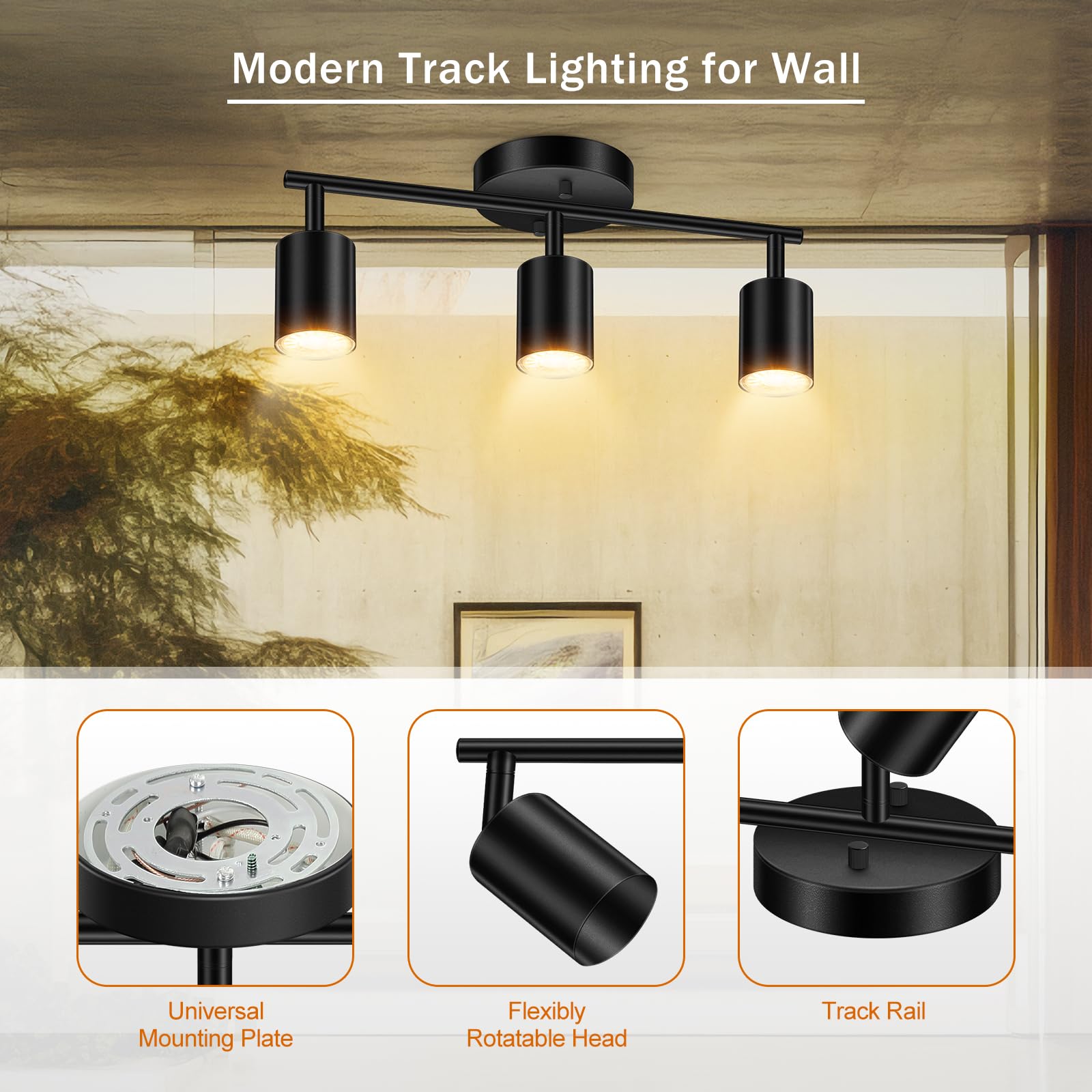 Led Track Lighting Fixtures Ceiling, Black 3-Light Track Lights For Kitchen, 3 Way Ceiling Spotlight, Flexibly Rotatable Wall Mo