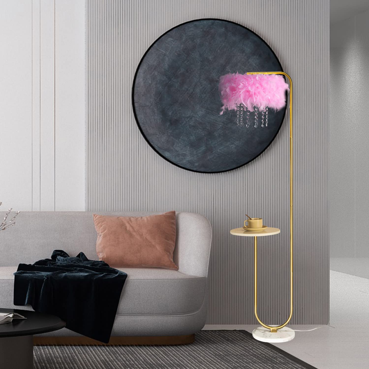 beaysyty Unique LED Pink Feather Floor Lamp, Brass Finish, 64.96" Tall, Foot Switch, Ideal for Living Room & Bedroom Decor