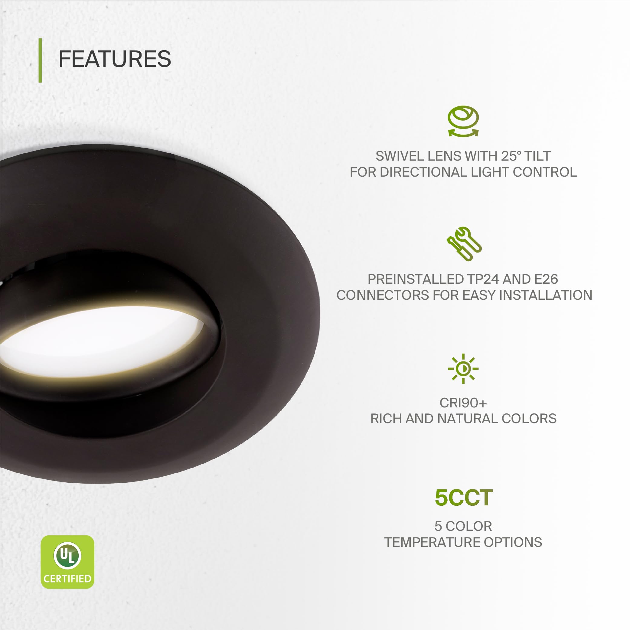 ASD 6 Inch Gimbal LED Recessed Light - Black Trim, 15W 1310LM, Dimmable, Adjustable, 6 Pack, Aluminum, Model A-LRKGB