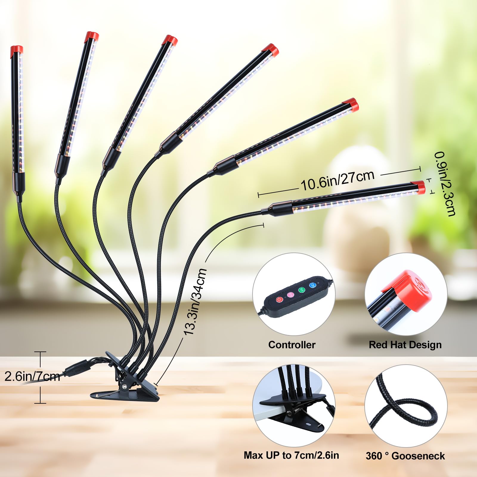 FECiDA 54W Clip Grow Light with Timer, 6-Head LED Plant Lamp for Indoor Plants, Black, Model ZH_GL_RH