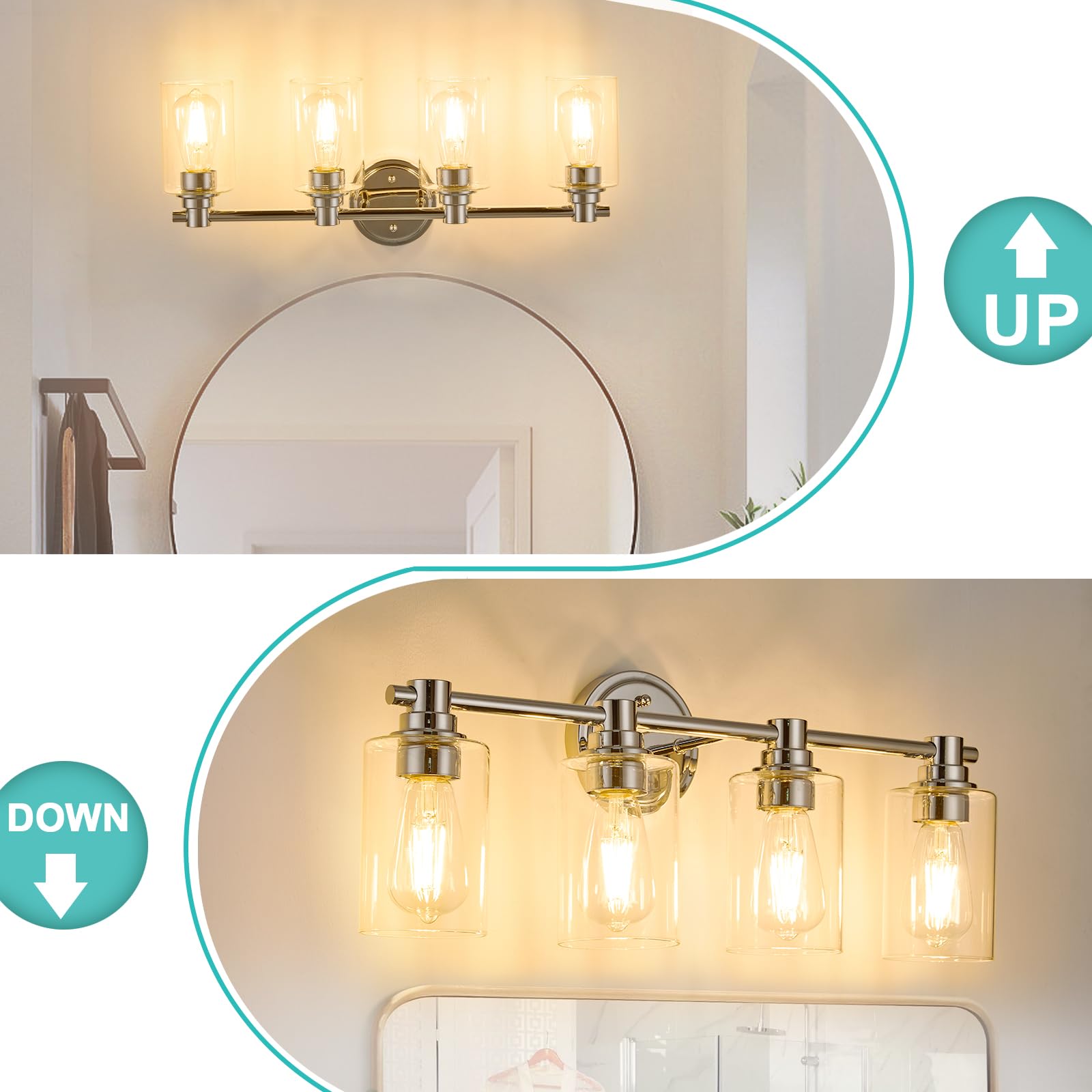 ALAISLYC Bathroom Light Fixtures - Chrome Wall Sconce with 4 Lights, Clear Glass for Vanity, Living Room, Bedroom, Restroom, Hallway