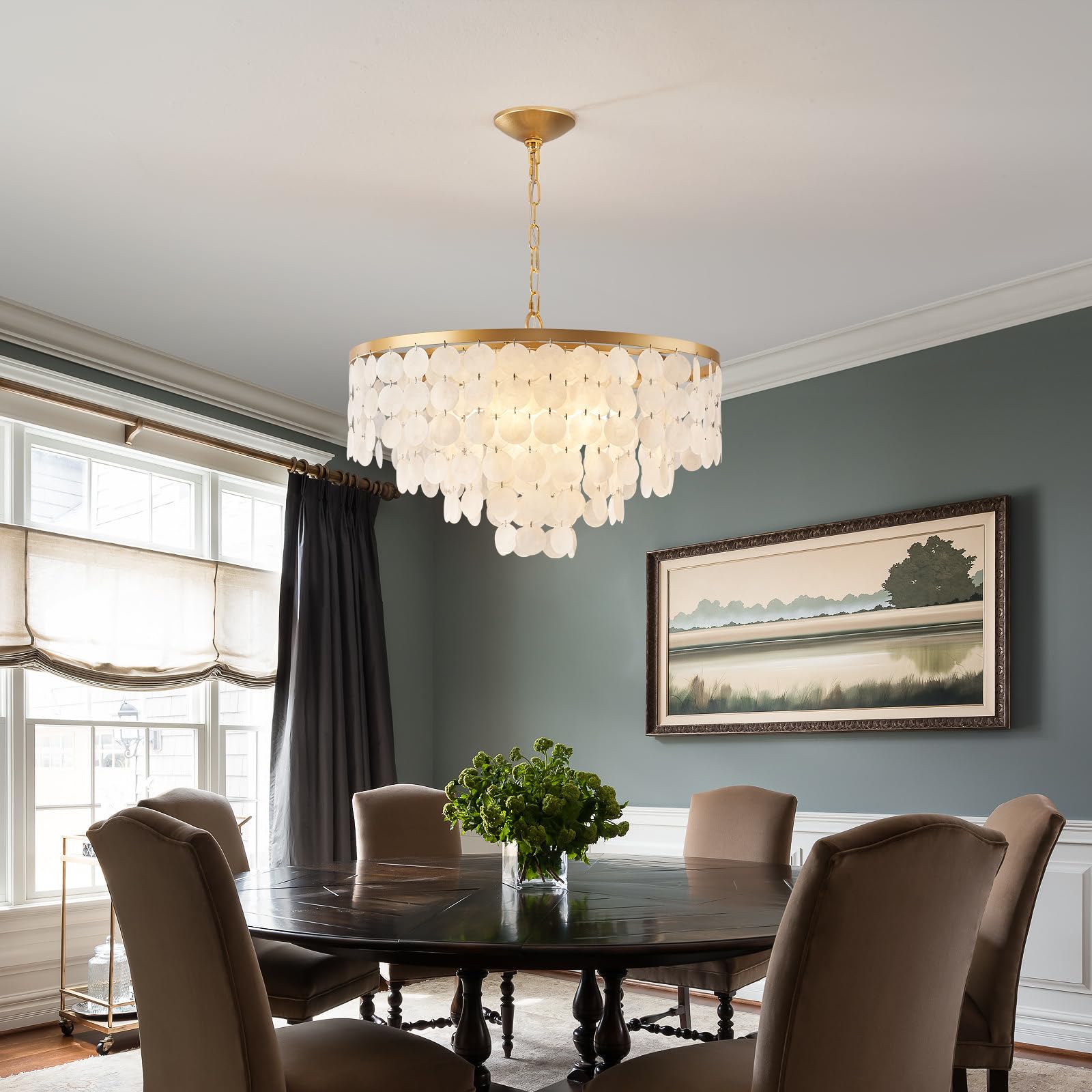 HLMRCHEN 24" Capiz Shell Chandelier, 5 Light Modern Coastal Fixture for Bedroom, Bathroom, Kitchen, Foyer - White Seashell Lighting