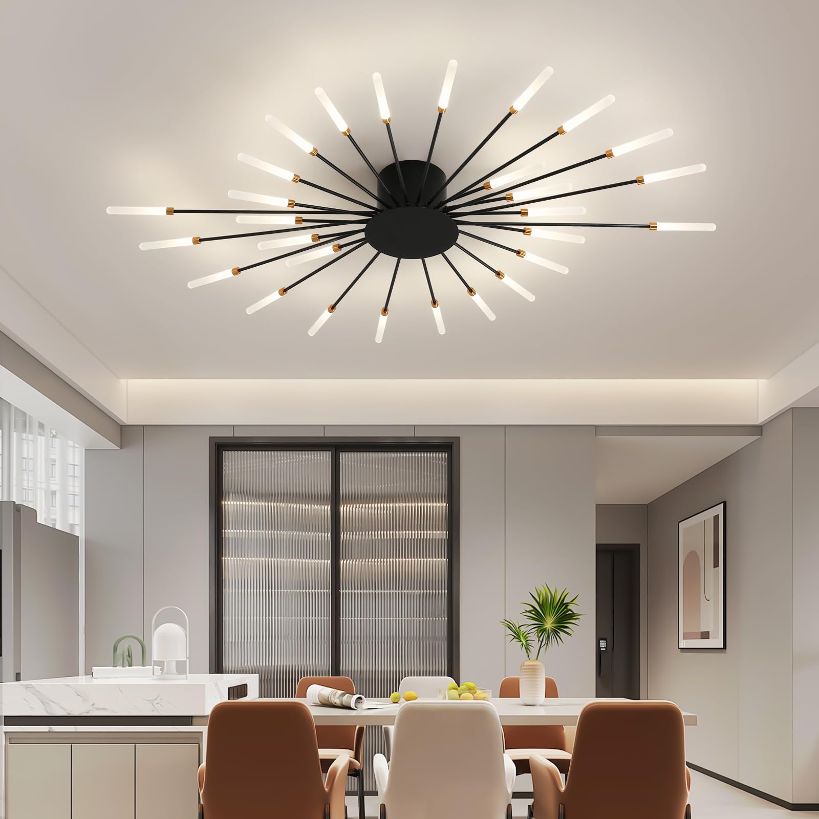 Ziidoo Modern Ceiling Light Fixtures  28 Lights Metal Firework Designed Chic Led Lighting For Farmhouse Kitchen Dining Room Bedroom Hallway Living Room (Black)