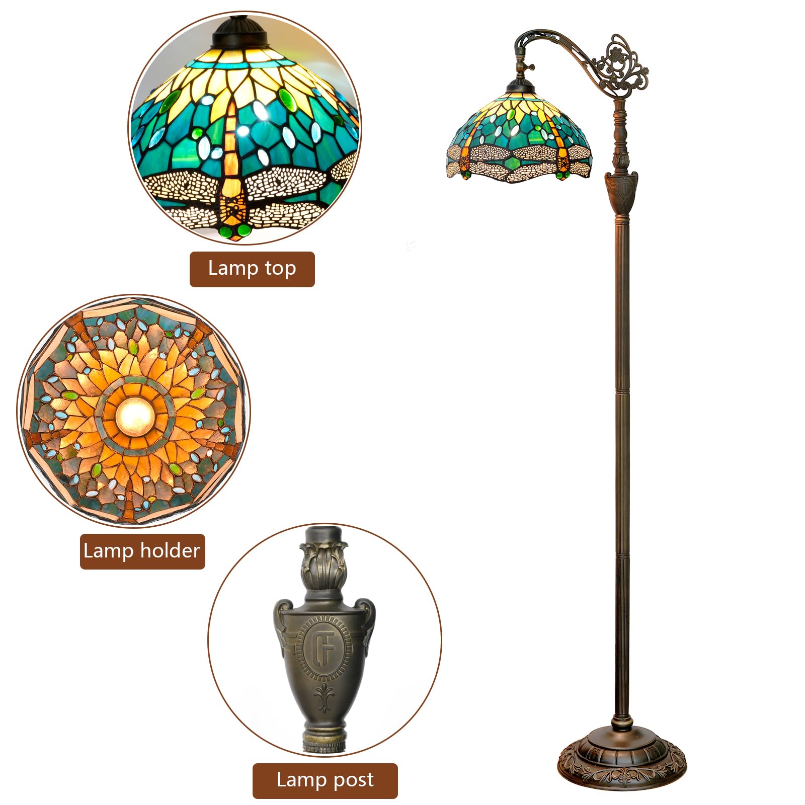 Blivuself Tiffany Floor Lamp - Green Dragonfly Stained Glass, Adjustable Gooseneck, 63" Tall for Living Room, Bedroom, Office
