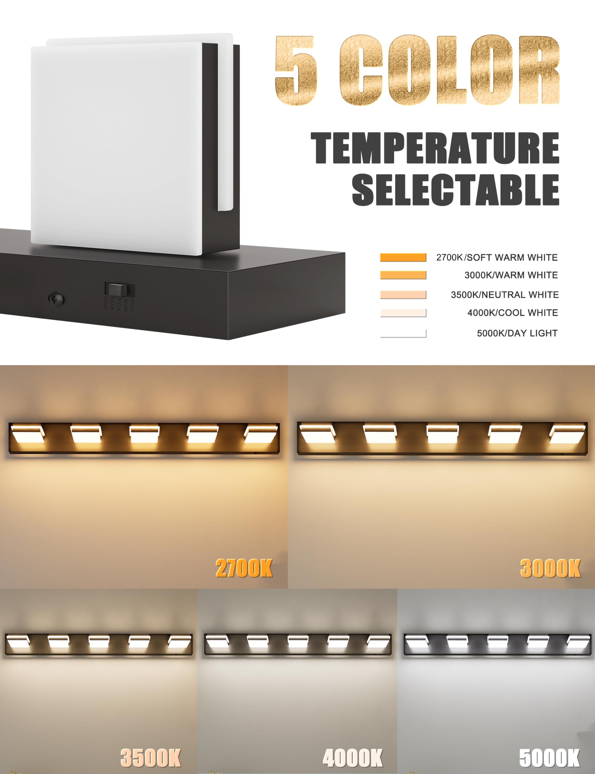 Volisun Modern 5-Light, 40-Inch Black Bathroom Vanity Light Fixtures Over Mirror, 5Cct Dimmable, Energy Efficient, Etl Certifica