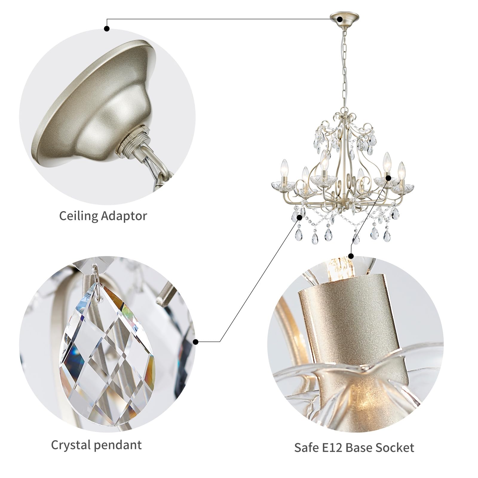 WUZUPS Crystal Candle Chandelier, Modern Nickel Flushmount Light, 22.5" x 21.7", E12 Base, 6 Lights for Bedroom, Hallway, Kitchen, Bathroom