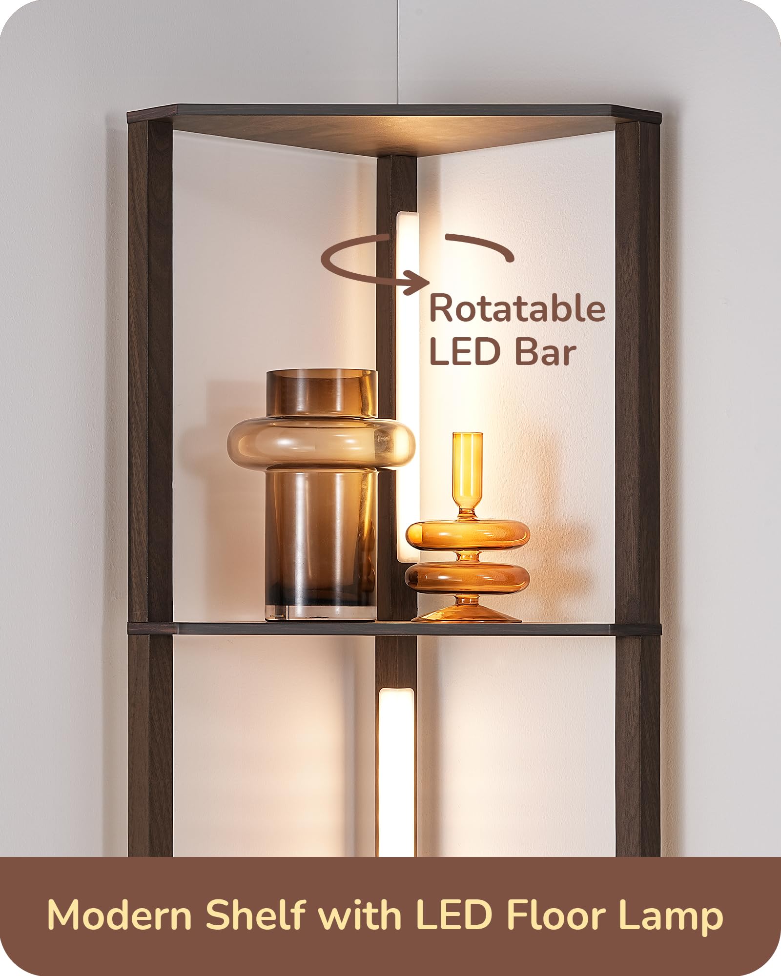 EDISHINE Dimmable LED Floor Lamp with Shelves, 44 x 33.5 x 16 inches, Walnut, Model HFLHA1C, Modern Corner Lamp for Living Room and