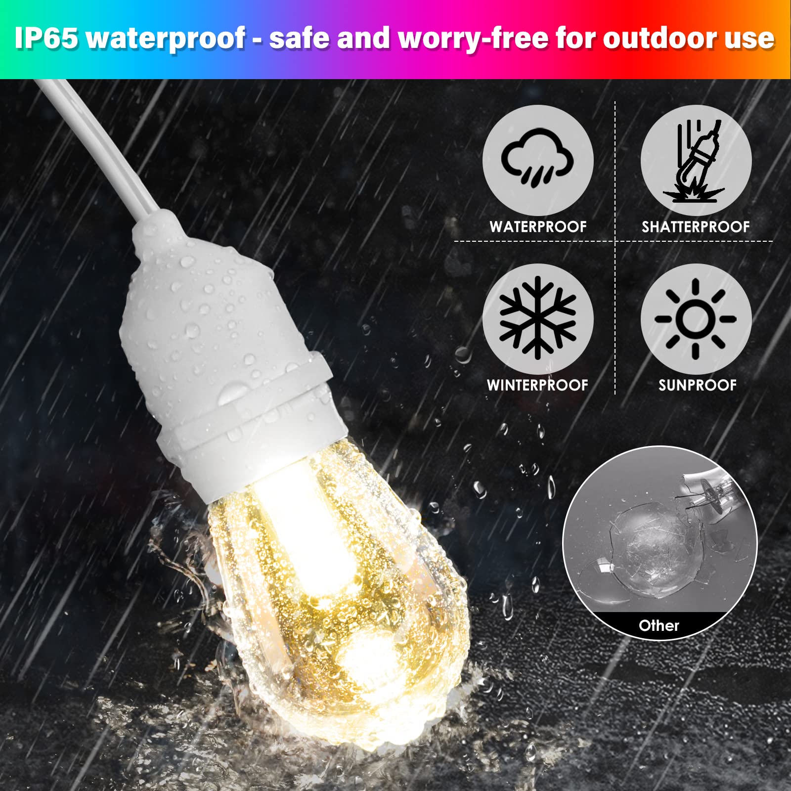 Mlambert 48FT Outdoor RGB Cafe String Lights, Dimmable with 15 Shatterproof Bulbs, White, Model GLS22C2RGBW-SC-15