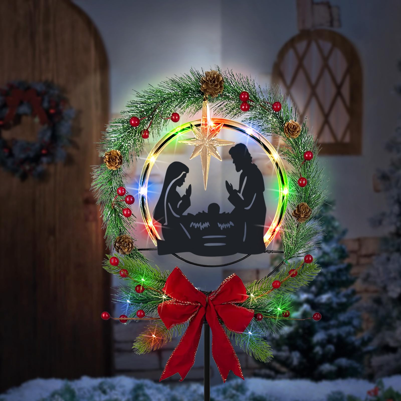 Solar Christmas Nativity Scene Outdoor,Multi Colorful Lights, Christmas Holy Family Yard Decorations,Nativity Set Silhouette Gar