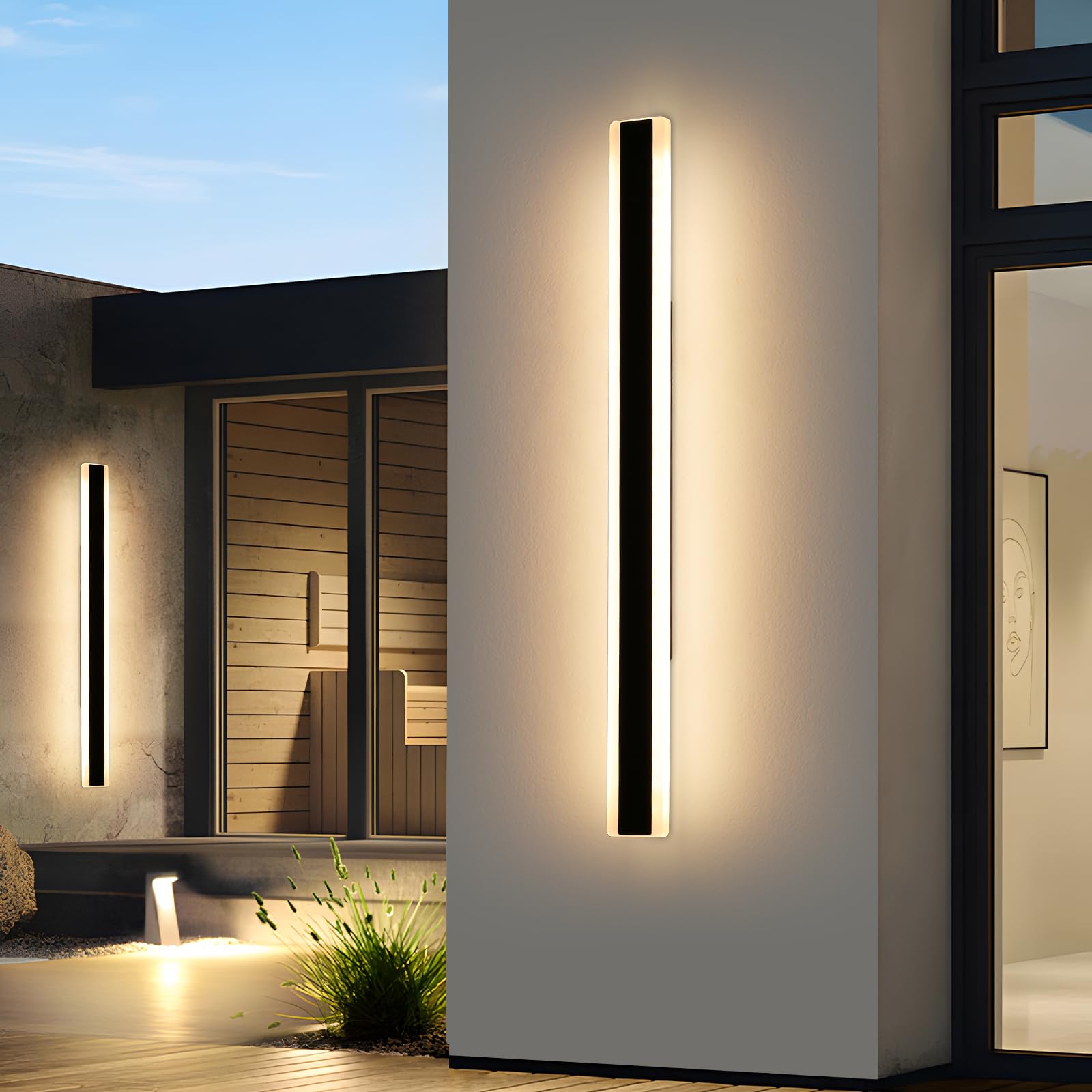 Modern 57inch Outdoor Wall Light, 3000k/4500k/6000k 3 Color Change Black Exterior Light Fixtures Wall Mount, Ip65 Waterproof Mod