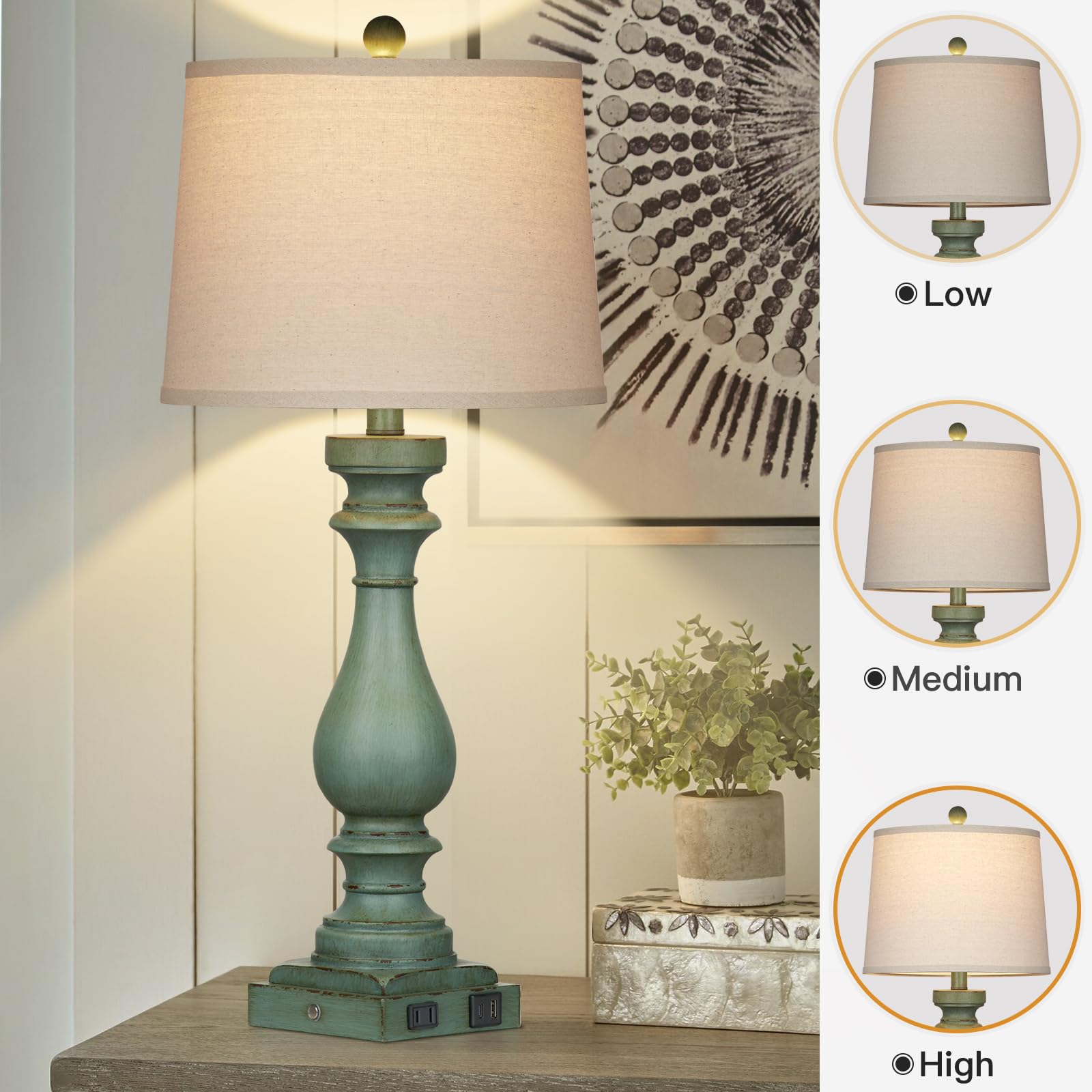 Cinkeda 29 Tall Table Lamp for Living Room Set of 2,Vintage Bedside Nightstand Lamps with USB C+A Ports & AC Outlet,3-Way Dimmab