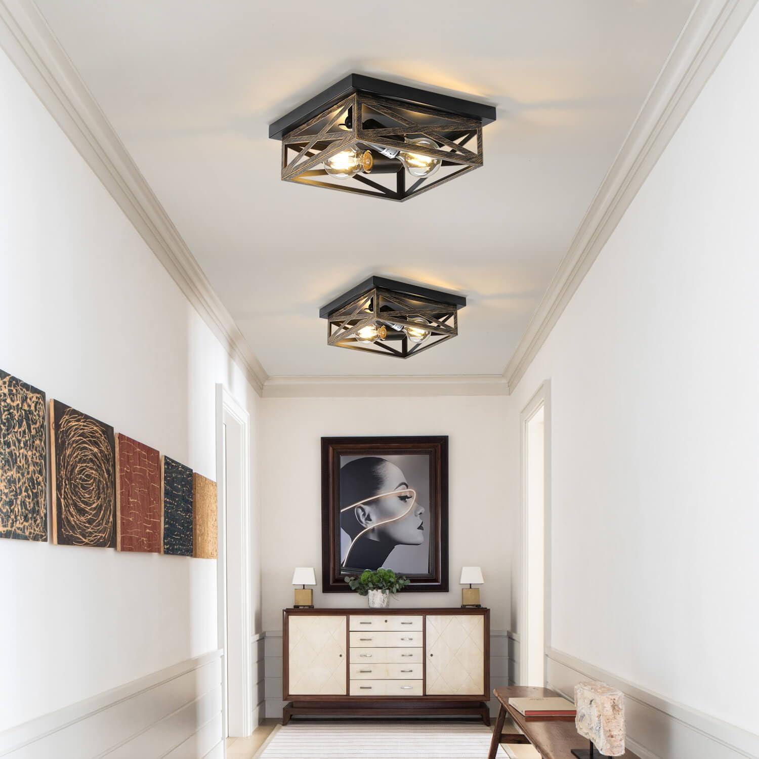 Dikaida 2Pack Rustic Flush Mount Ceiling Light Fixture, Modern Farmhouse Light Fixture, Kitchen Hallway Light Fixtures For Bedro