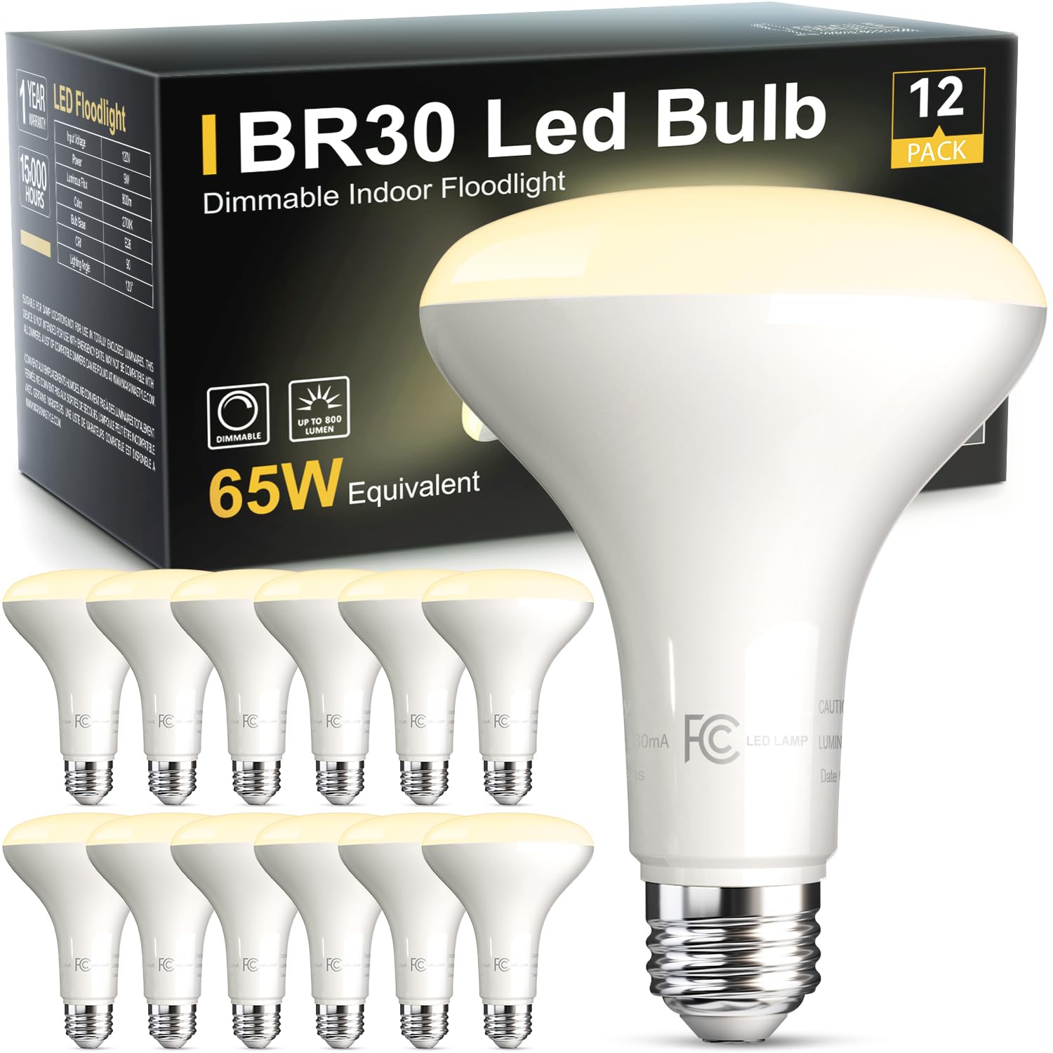 Tjoy 12 Pack Br30 Led Bulb 65W Equivalent, Dimmable Flood Light Bulbs Indoor, E26 Base, 3000K Warm White, 9W, 800 Lm, Recessed L