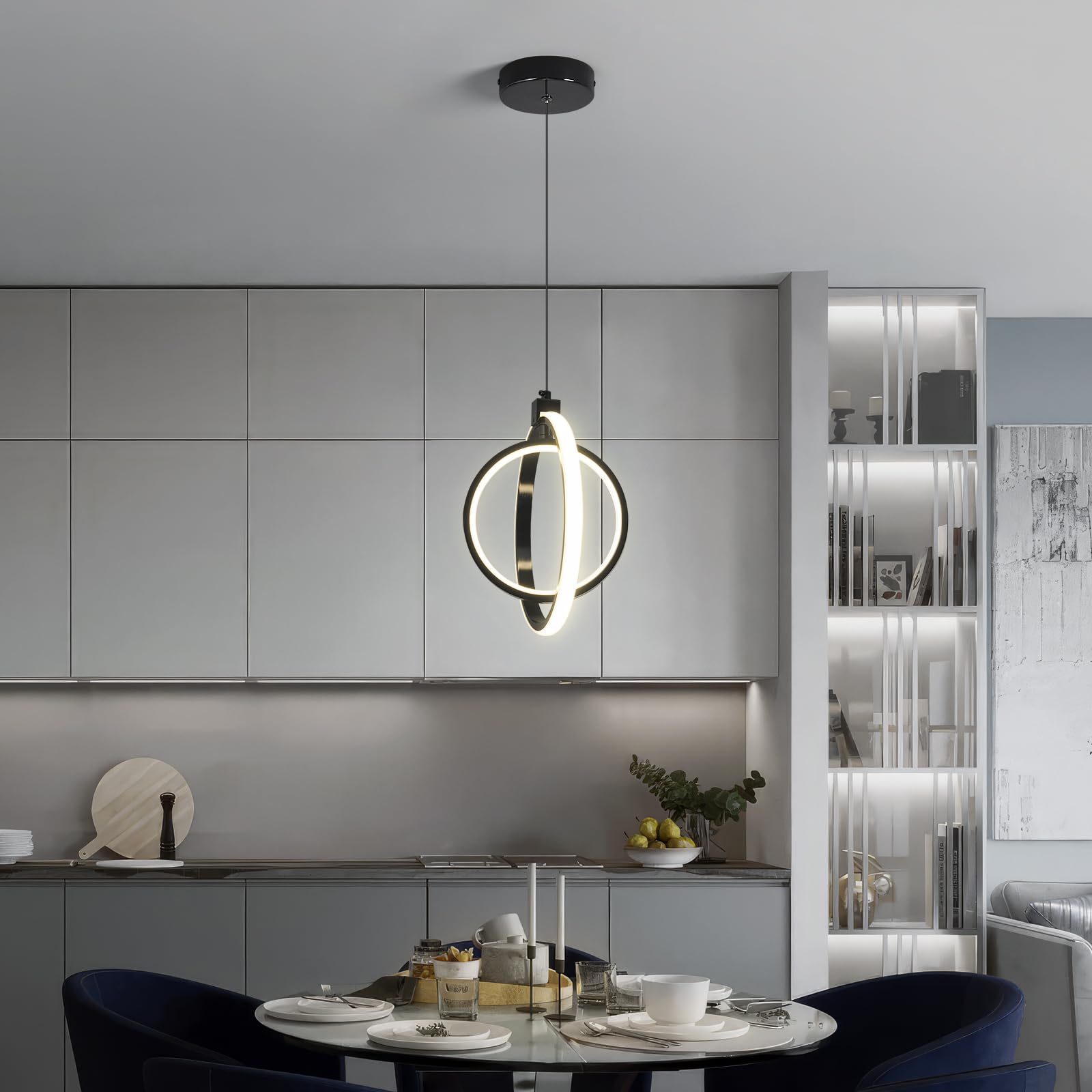 Bnhhlz Modern Led Pendant Lights Plated Black Farmhouse Ring Pendant Light Fixtures 4000K Dimmable Round Pendant Lighting For Dining Room Kitchen Island Bedroom Living Room Foyer(3-Pack)