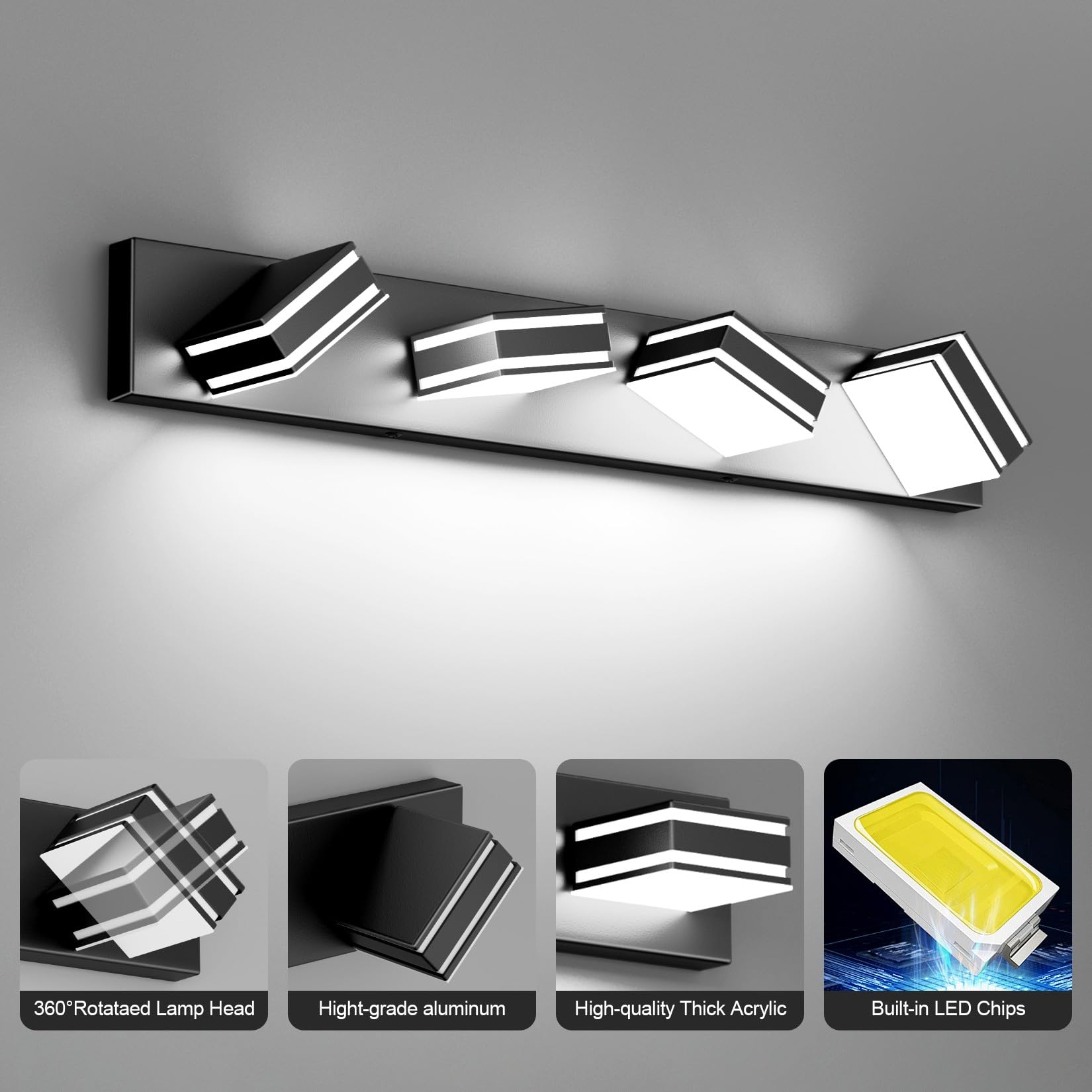 Ralbay 4-Light Modern Black Vanity Light for Bathroom, 30 inch, Matte Black, Aluminum, Model 9819