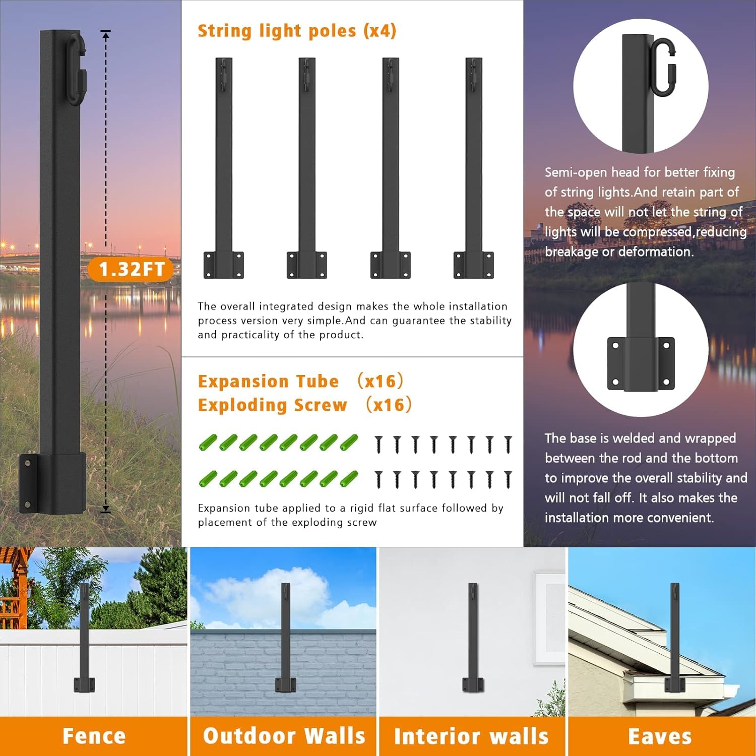 SINLEY String Light Poles 4 Pack, 2.8FT Metal Stand for Outdoor Lights, Black