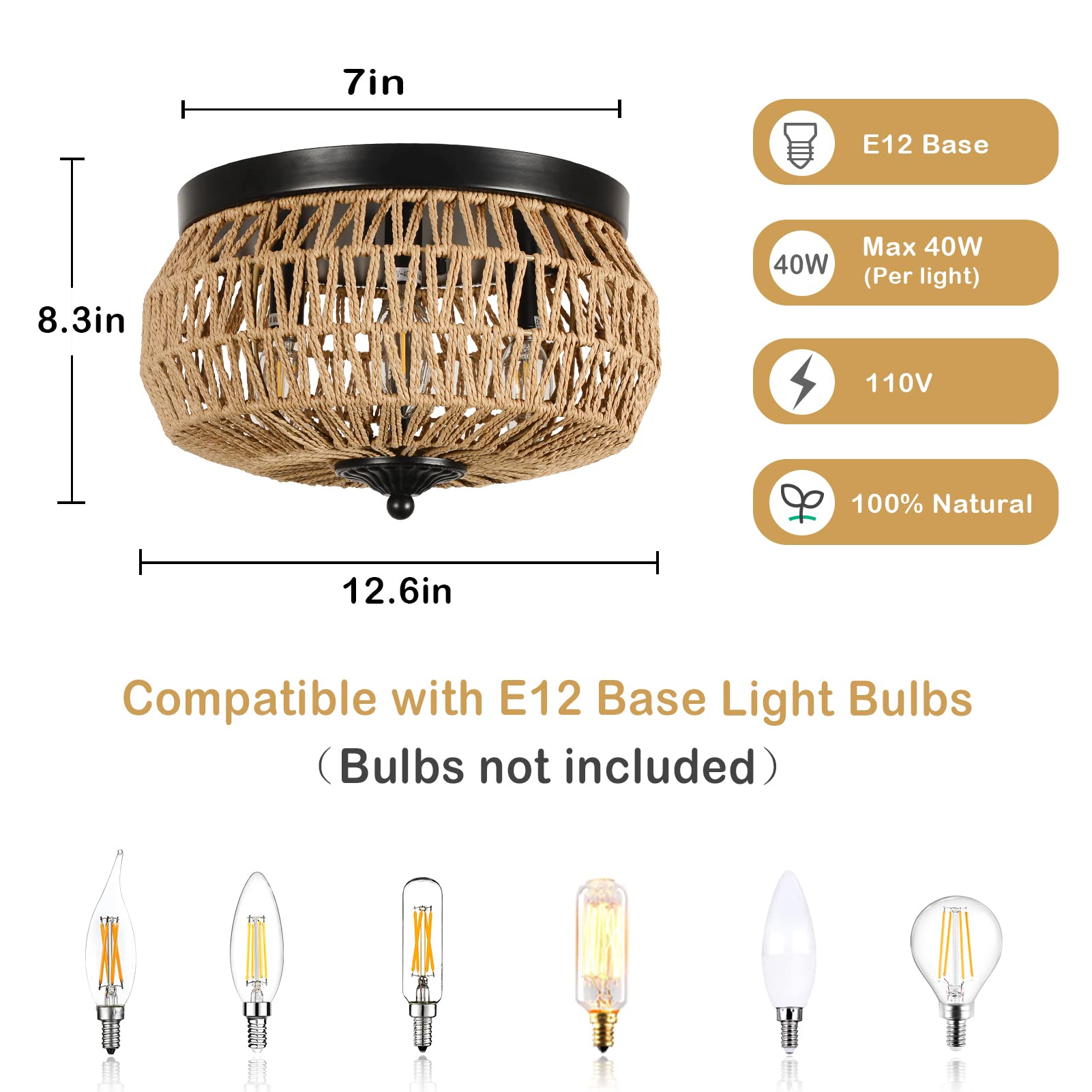 3-Lights Woven Rattan Flush Mount Ceiling Light Fixture With Hand-Worked Cage Shade For Bedroom, Kitchen, Foyer, Porch