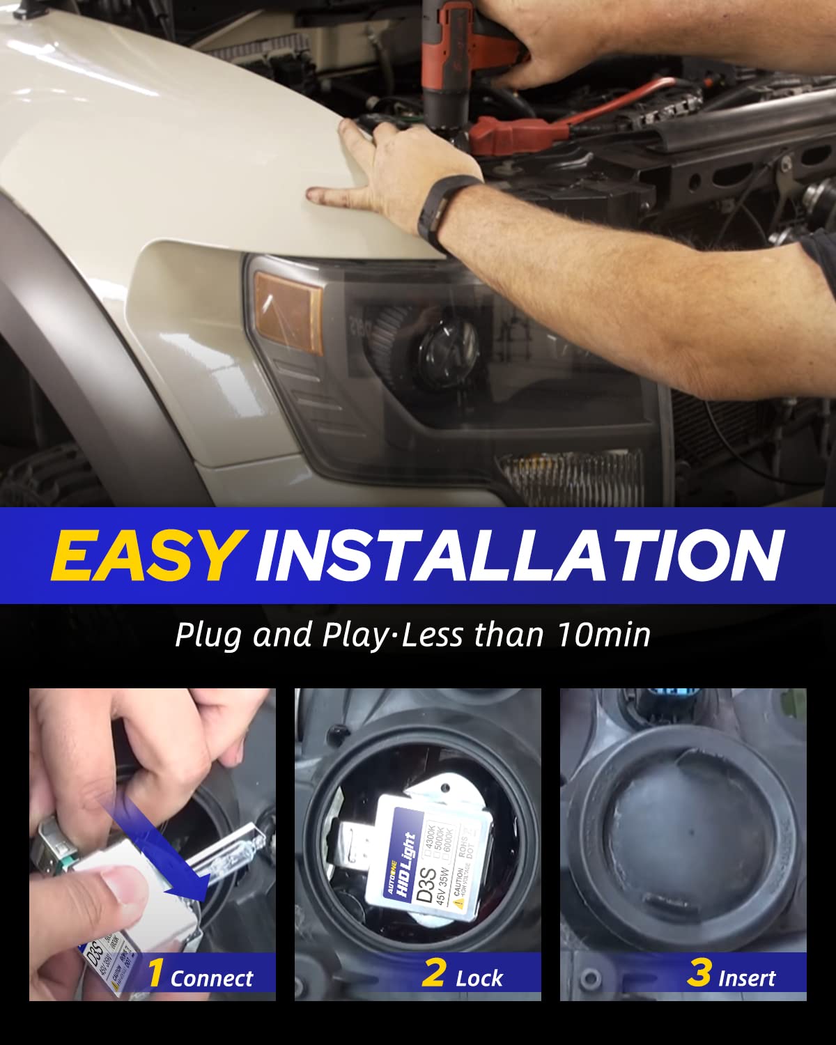 Autoone 2024 Upgraded D3S D3R Hid Headlight Bulb  300% Brighter Lightness  6000K White 66340 42403 42302 35W Xenon Headlight Bulbs  Super Bright D3S Hid Bulbs Original Replacement  Easy Installation